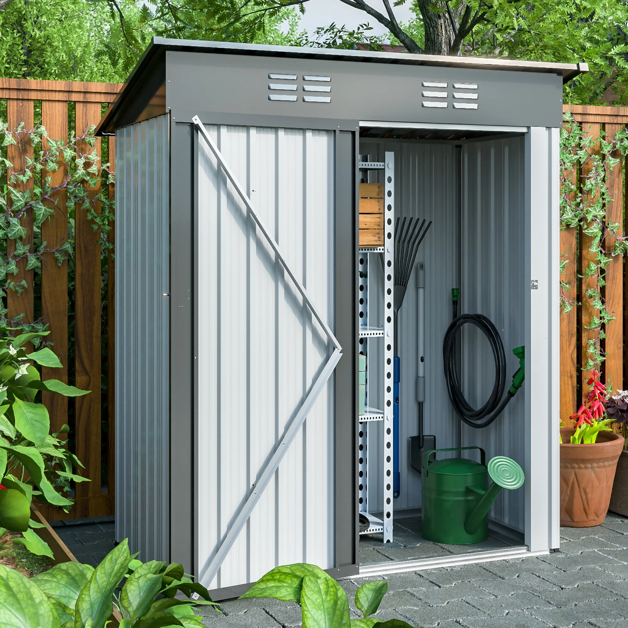 Metal Outdoor Storage Shed 5FT x 3FT, Galvanized Metal Tool Shed Storage House with Door Lock Tool Storage Shed for the Backyard Garden Patio Lawn
