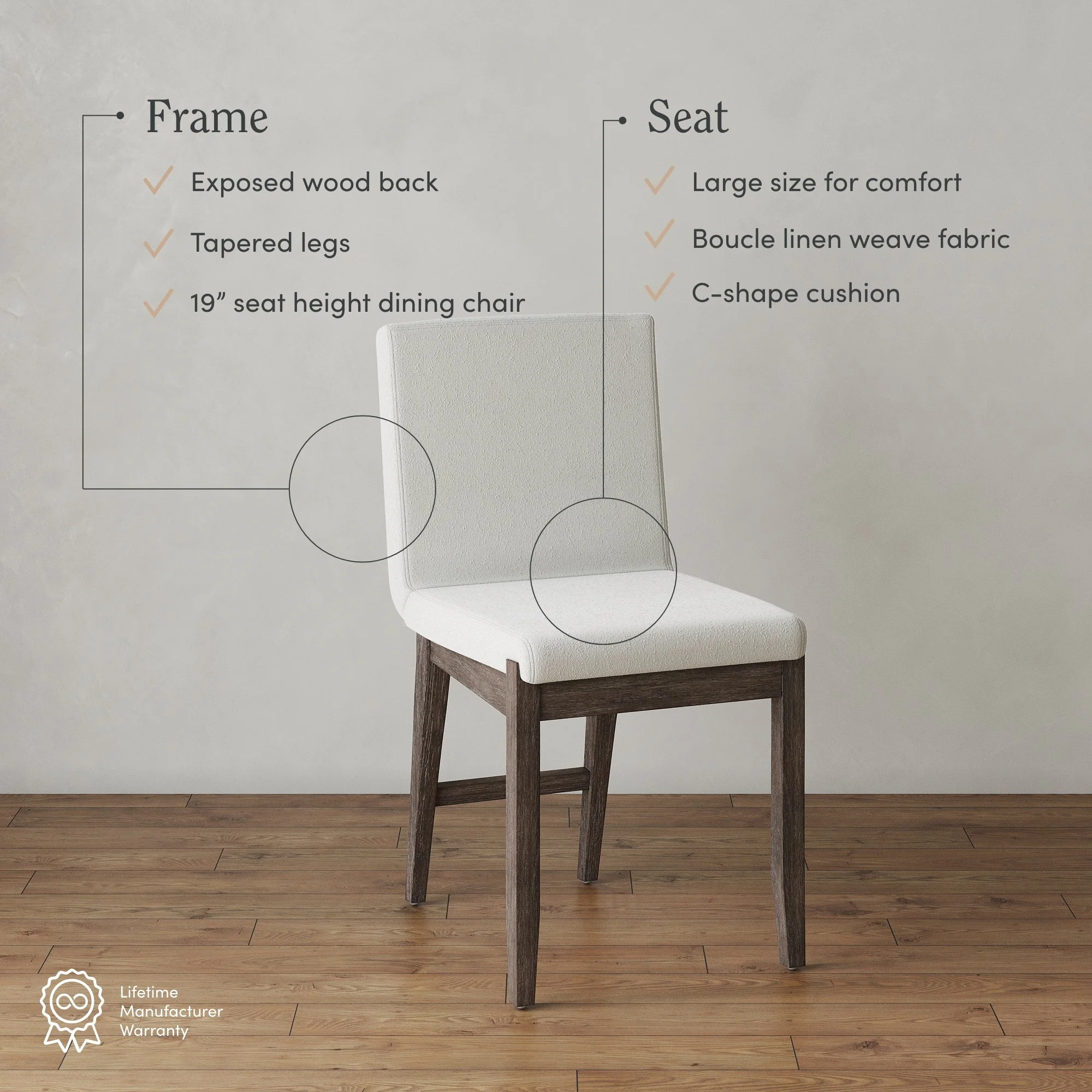 Nathan James Gracie Scandinavian Dining Chair with Cushion, Boucle Dining Chair with Solid Wood Frame, Cream Boucle/Dark Brown