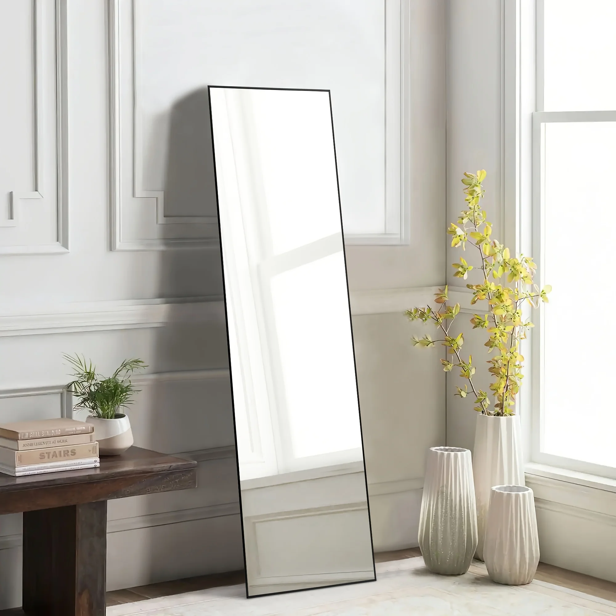 Full Length Mirror Full Body Floor Mirror Standing Hanging or Leaning Against Wall, Tall Wall Mirror with Stand Aluminum Alloy Thin Frame