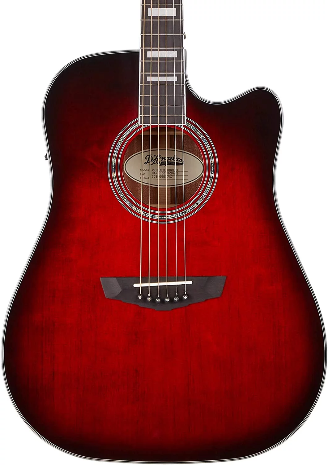 D'Angelico Electro 6 String Acoustic-Electric Guitar, Right, Trans Black Cherry Burst