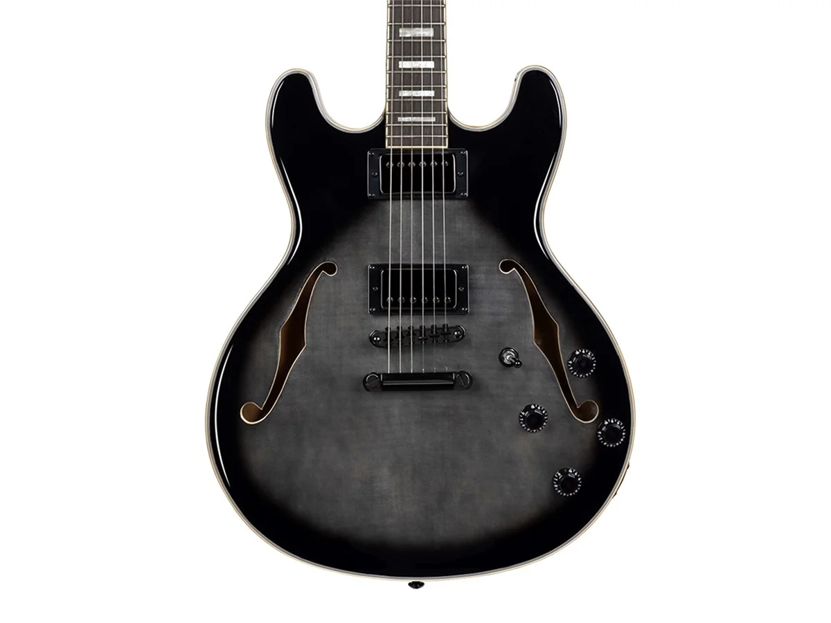 Monoprice Indio Boardwalk Flamed Maple Hollow Body Electric Guitar - Charcoal, With Gig Bag