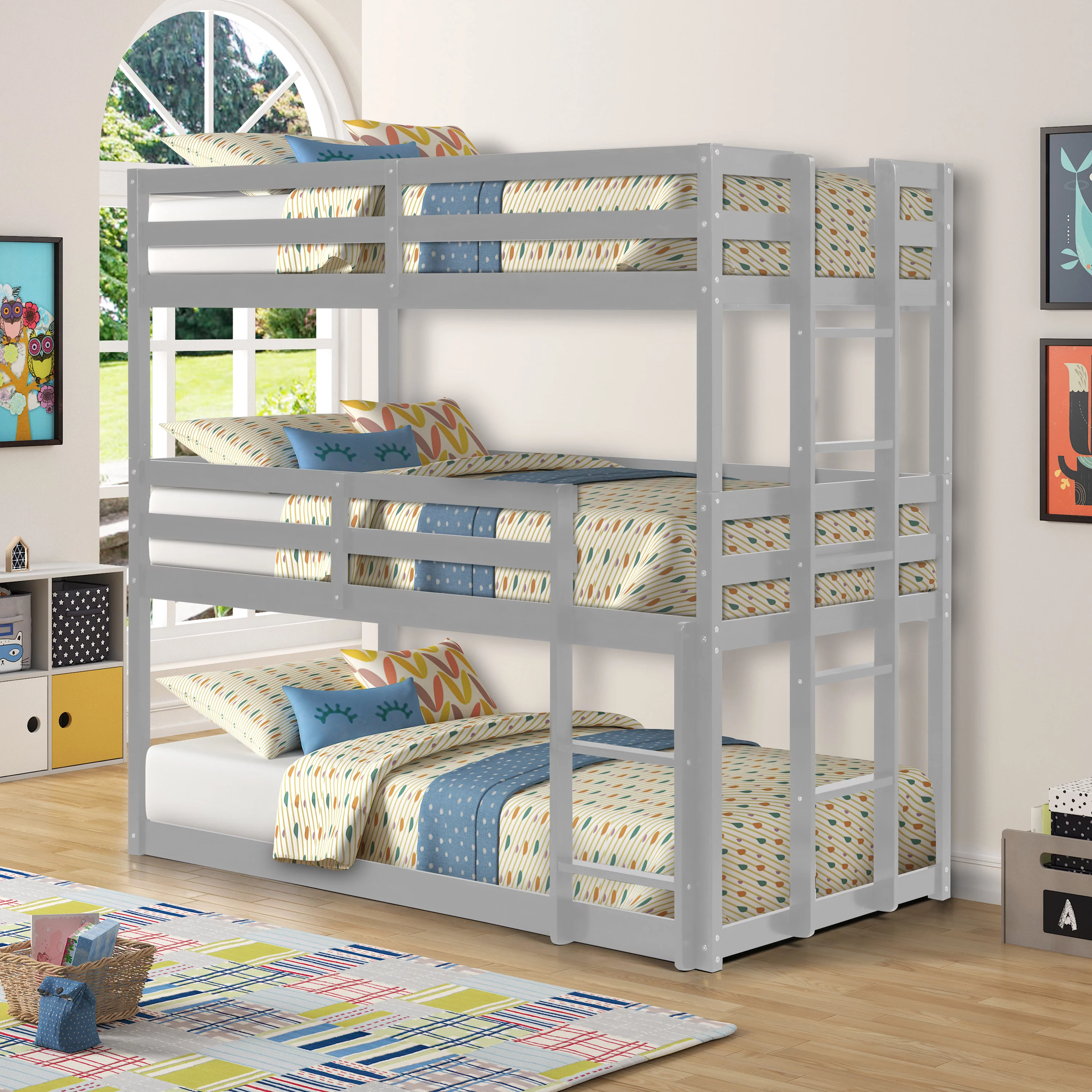 Wood Triple Twin Bunk Bed, Twin over Twin Triple Bunk Bed, Detachable Kids Bunk Bed, No Box Spring Needed (Gray)