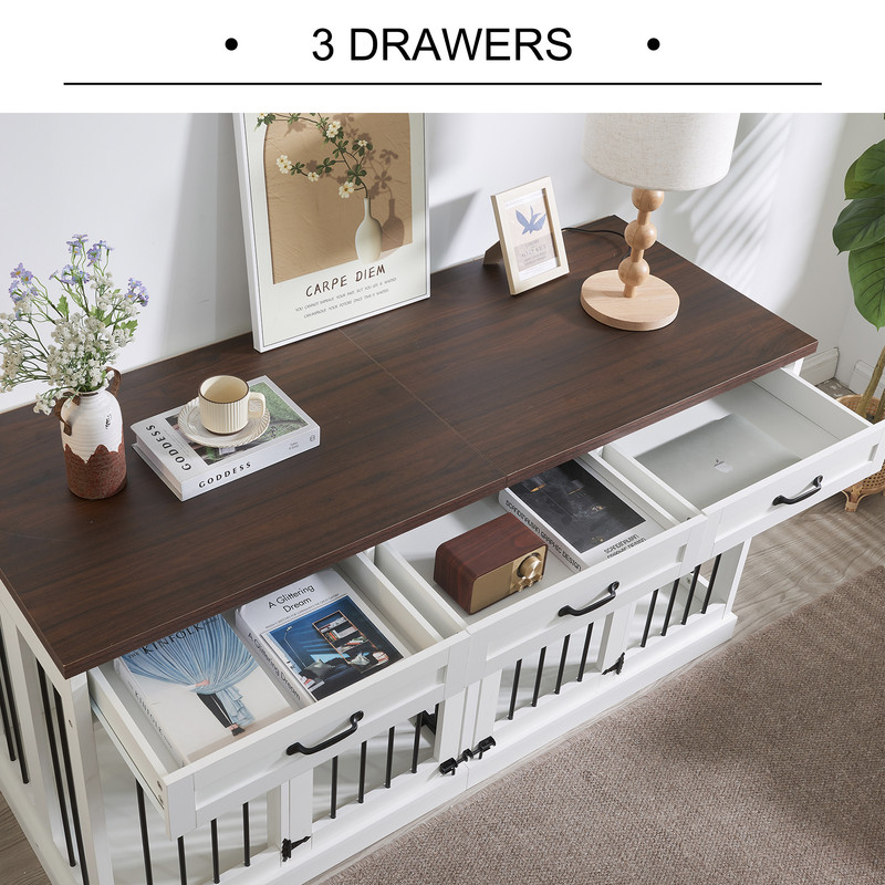 63'' Dog Crate Furniture, Furniture Style Dog Crate Table with 3 Drawers and Removable Divider, Heavy Duty Wooden Dog Kennel for 2 Medium Small Dogs，White