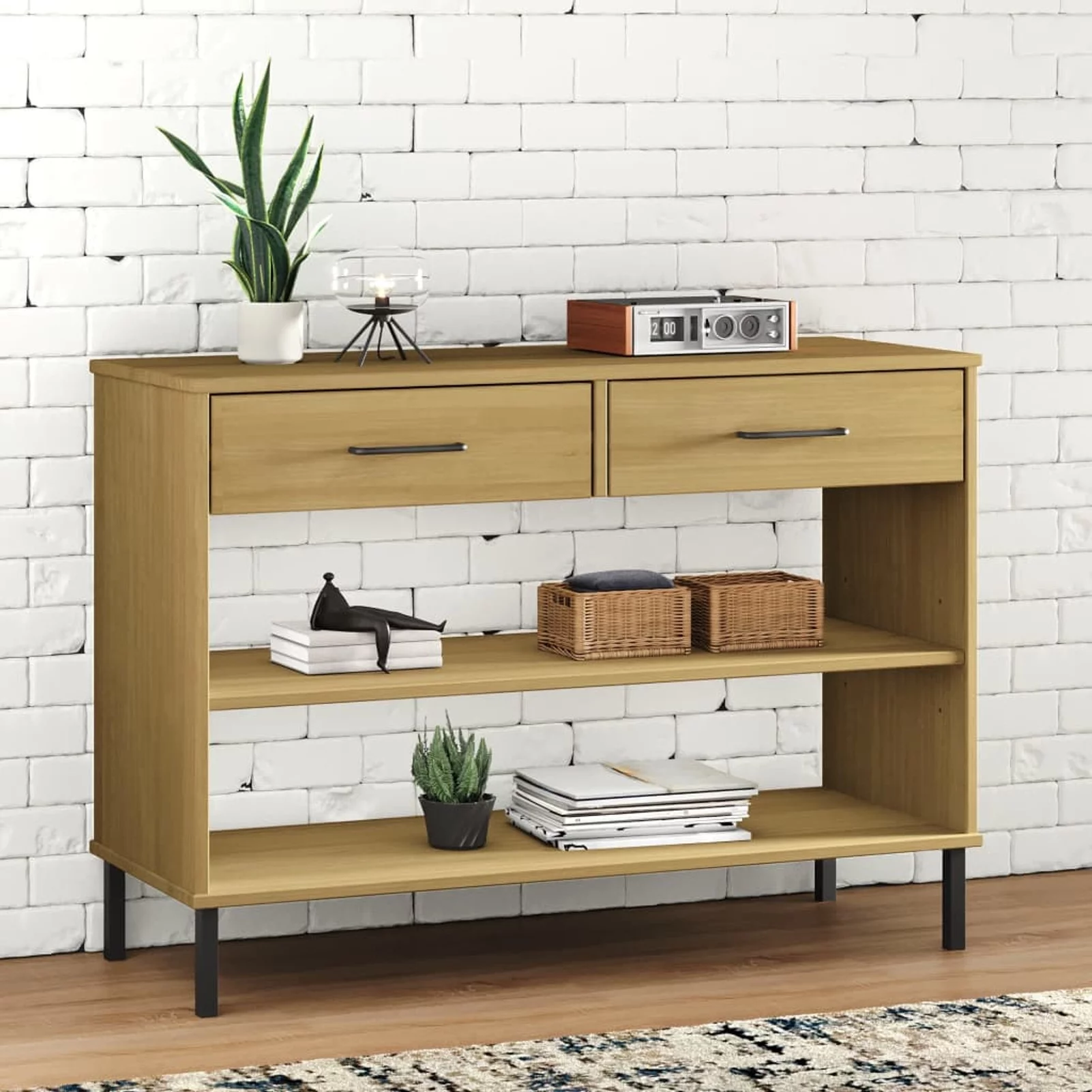 Anself Console Cabinet with 2 Storage Drawers and Open Compartments, Pine Wood Sofa End Table for Entryway Hallway Living Room Home Furniture 38.6 x 13.8 x 27.6 Inches (W x D x H)
