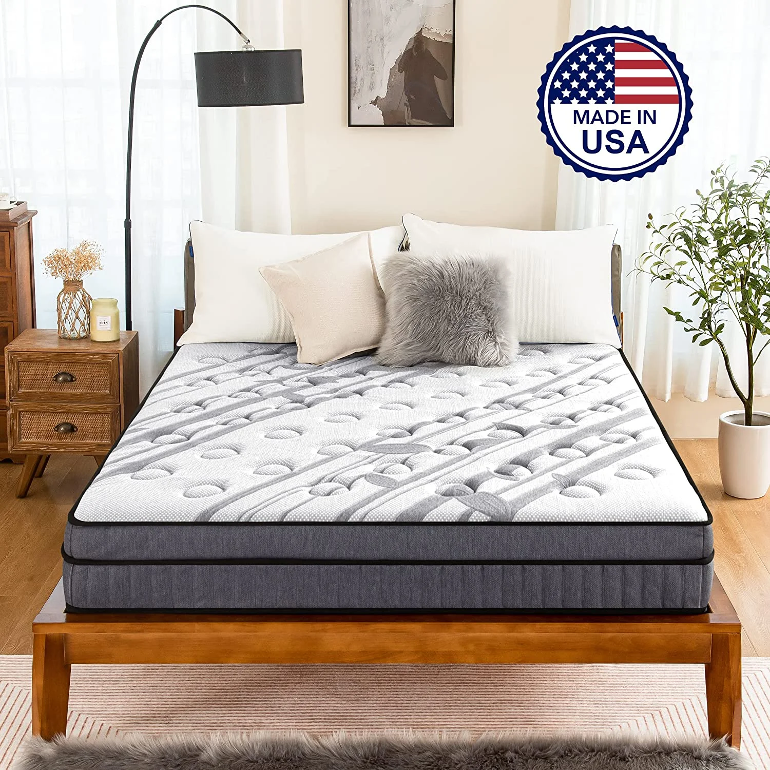 YANRUI 10 Inch Hybrid Mattress Queen, Gel Memory Foam and Individual Pocket Innerspring Mattress Bed in a Box, Made in USA, CertiPUR-US, Medium Firm Mattress for Silent Sleep & Pressure Relief Grey