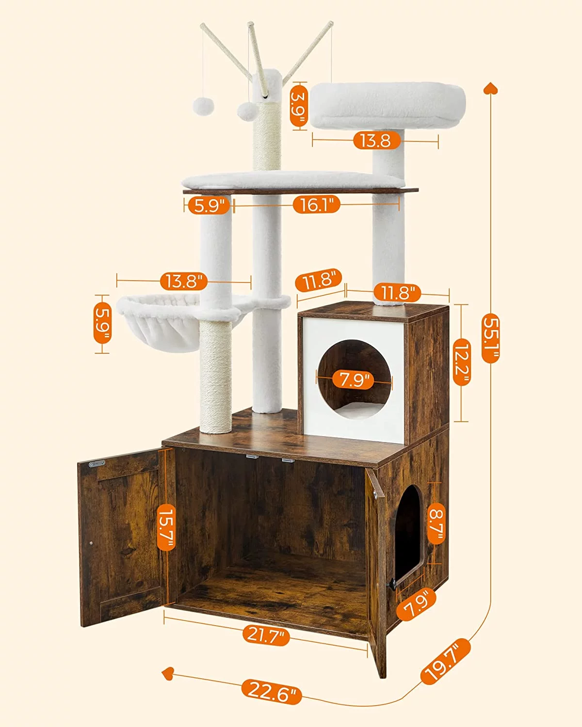 WoodyWonders Cat Tree with Litter Box Enclosure, 2-in-1 Modern Tower, Furniture Hidden, Cat Condo with Scratching Posts, Removable Pompom Sticks, Rustic Brown UPCT113X01