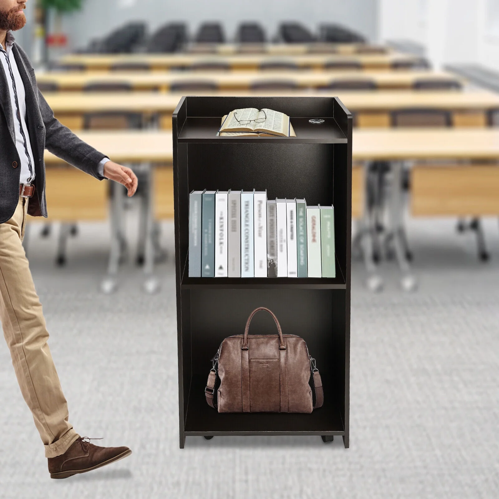 Podium for Classroom, Wood Podium Stand Portable Mobile Hostess Station Floor Standing Podium with Wheels Speaking Lectern Podium for Churches Conference Classroom (Black)