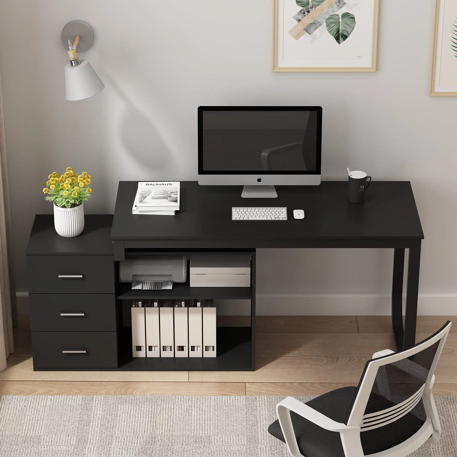 Home Office Computer Desk Corner Desk with 3 Drawers and 2 Shelves, 55 Inch Large L-Shaped Study Writing Table with Storage Cabinet - Black