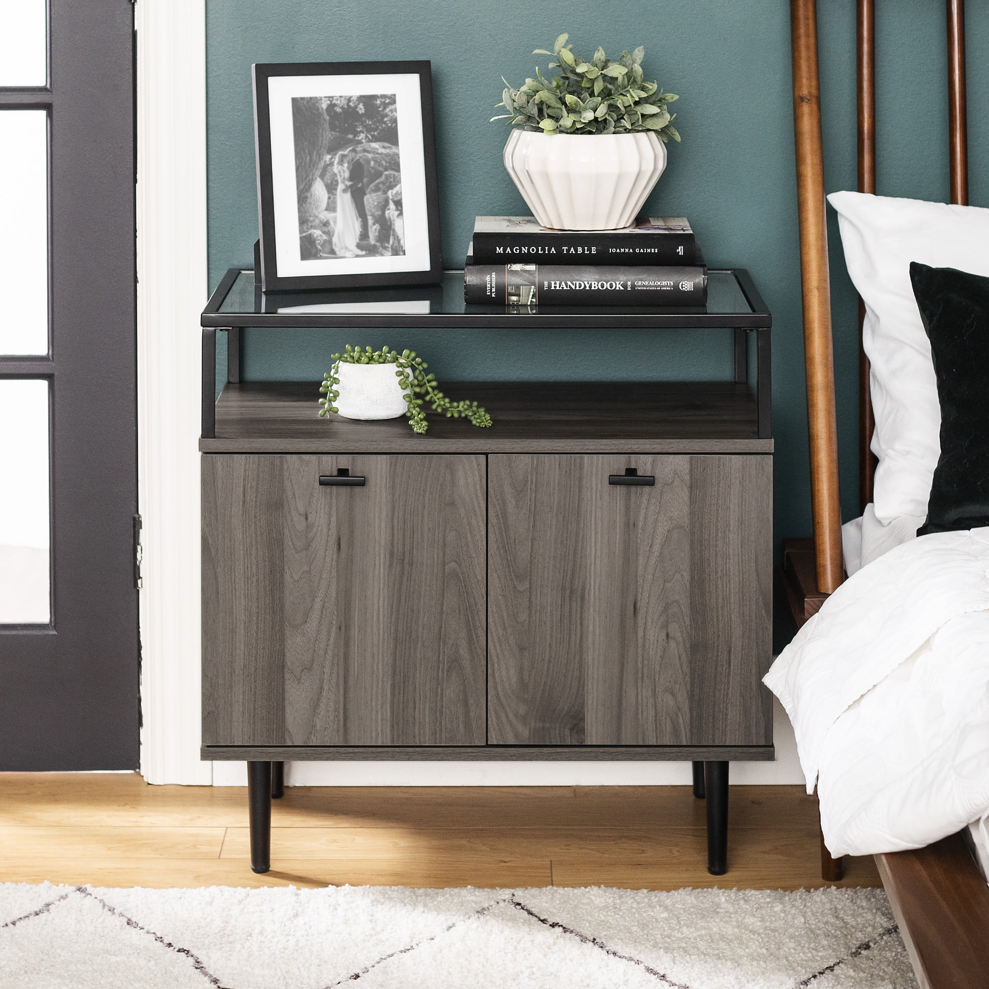 Manor Park Modern Glass Top Two-Door Storage Cabinet, Slate Grey