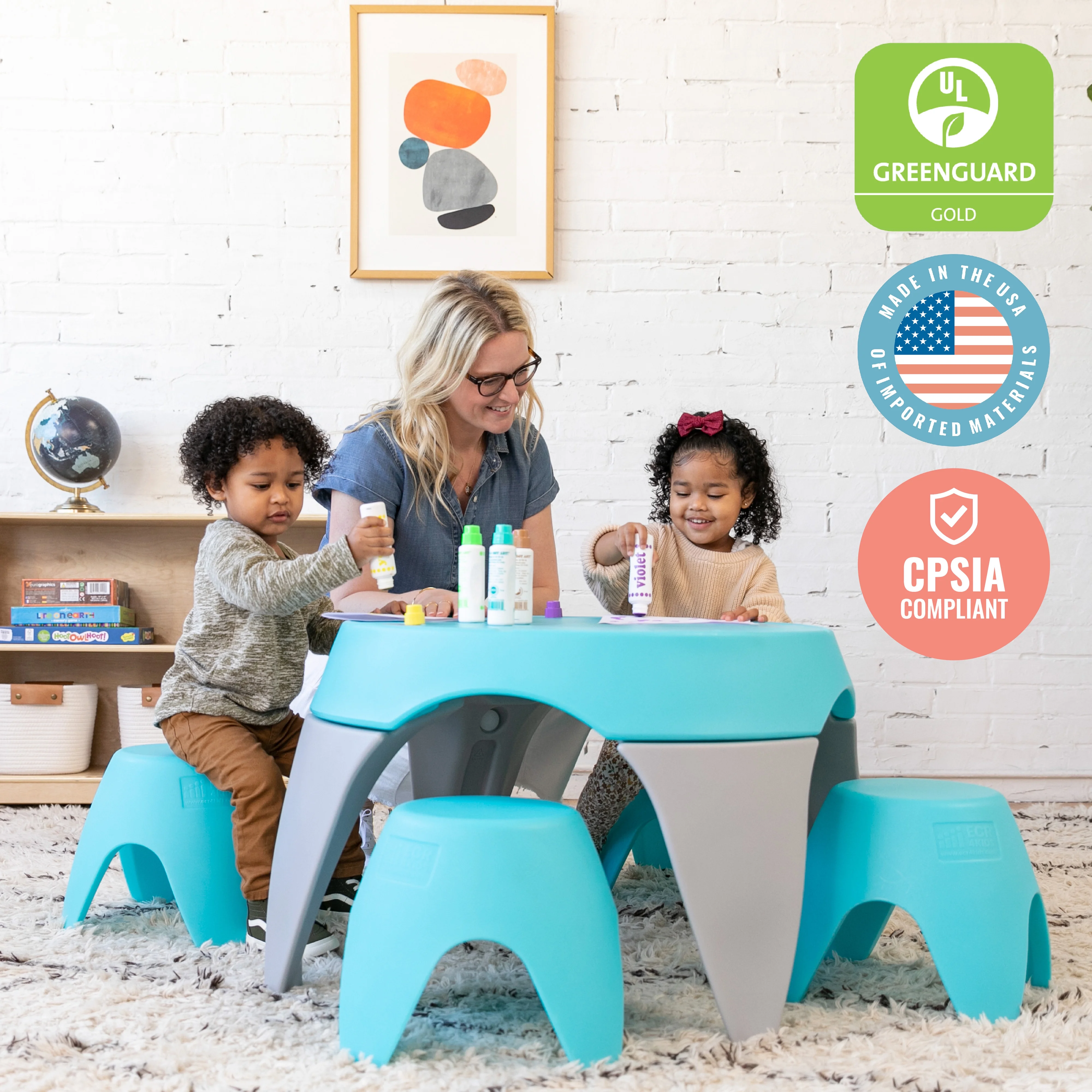 ECR4Kids Ayana Table and Stool Set, Cyan/Light Grey, 5-Piece