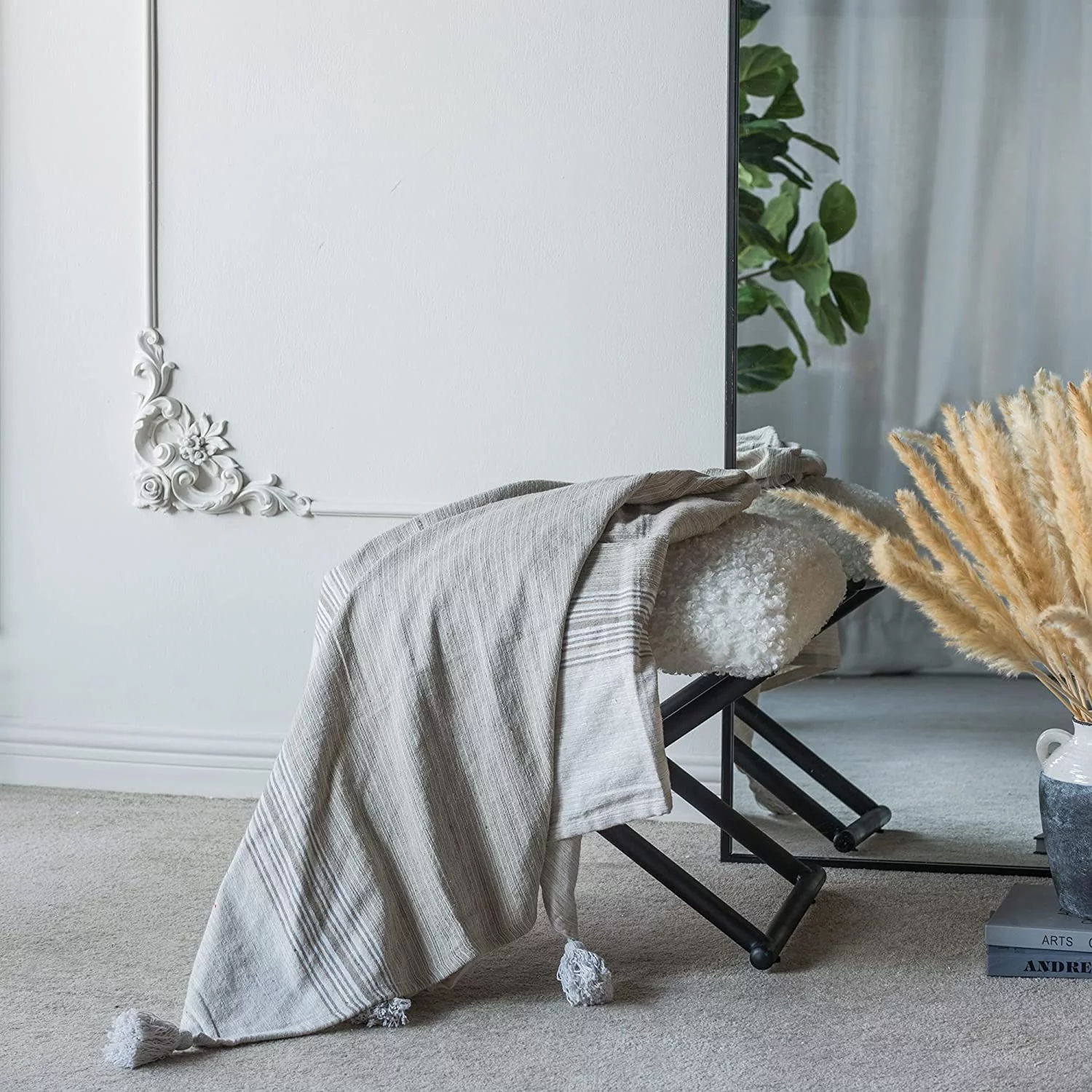 A&B Home Throw Blanket - Beige and White Stripe Woven Cotton Blend Blanket, 50