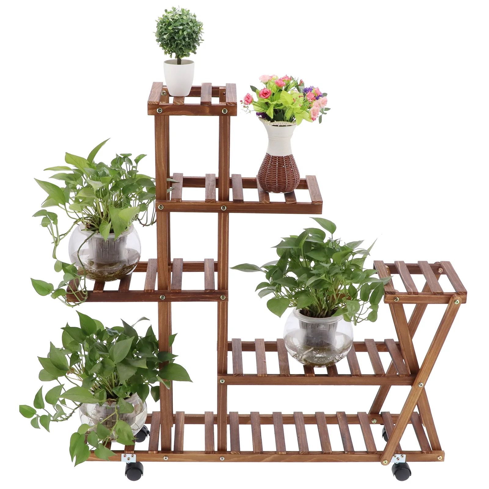 Buumin Plant Stand Holder Indoor Outdoor Multi Tier Flower Display Shelves Rack Organizer with Wheels (Brown)