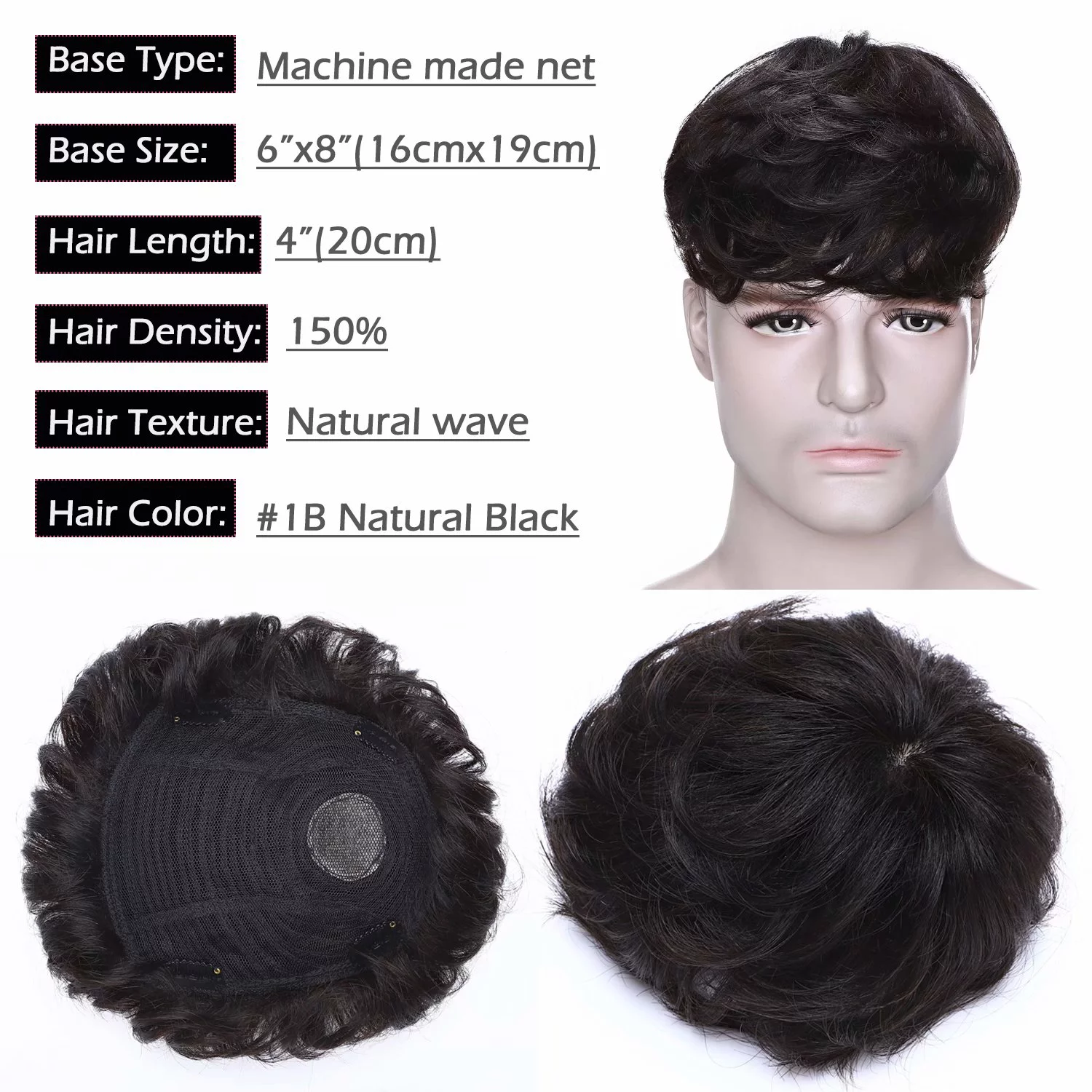 Benehair 100% Remy Human Hair Extensions Mens Hair Replacement System Toupee Hairpieces Clip in 4 Clips Black
