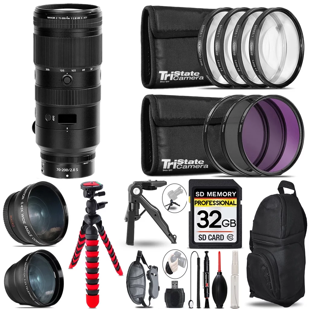 Nikon NIKKOR Z 70-200mm f/2.8 VR S Lens- 3 Lens Kit + Tripod + Backpack - 32GB Accessory Bundle