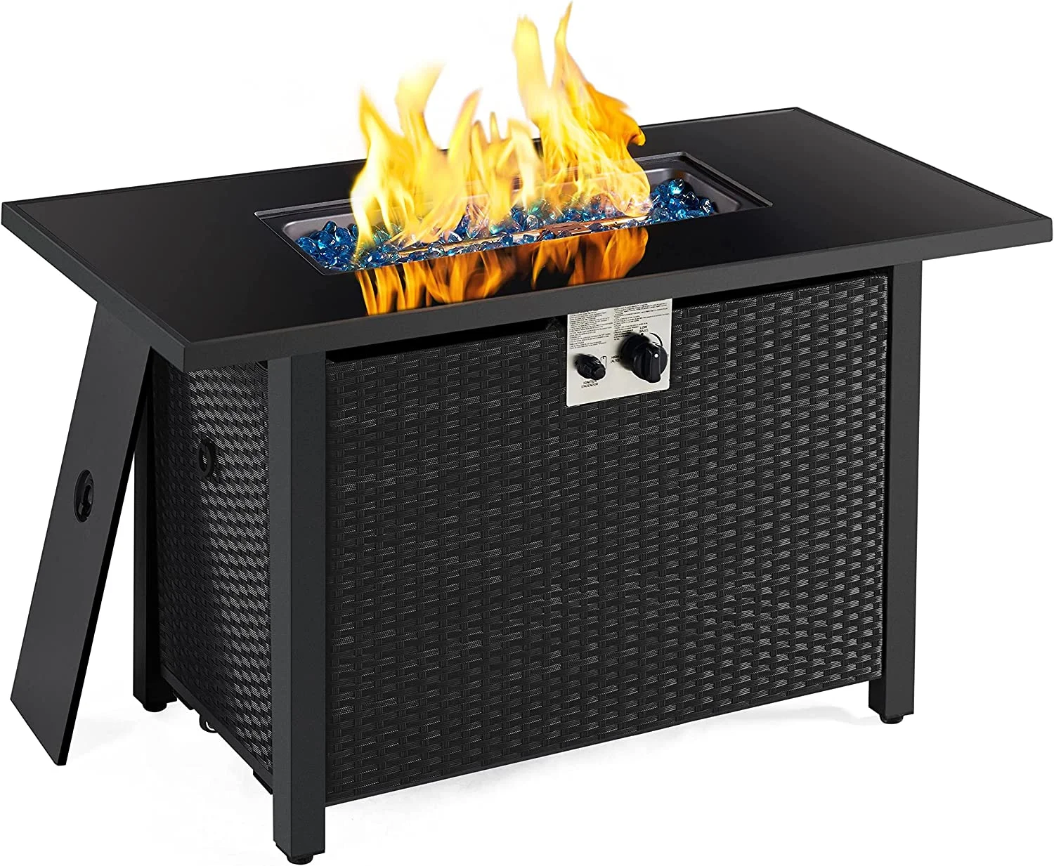 43 in Outdoor Propane Fire Pit 50,000 BTU Gas Fire Pit Table with Glass Tabletop, Rattan Wicker Base and Waterproof Cover, Rectangle Gas Firepit Table for Garden/Patio, CSA Certification