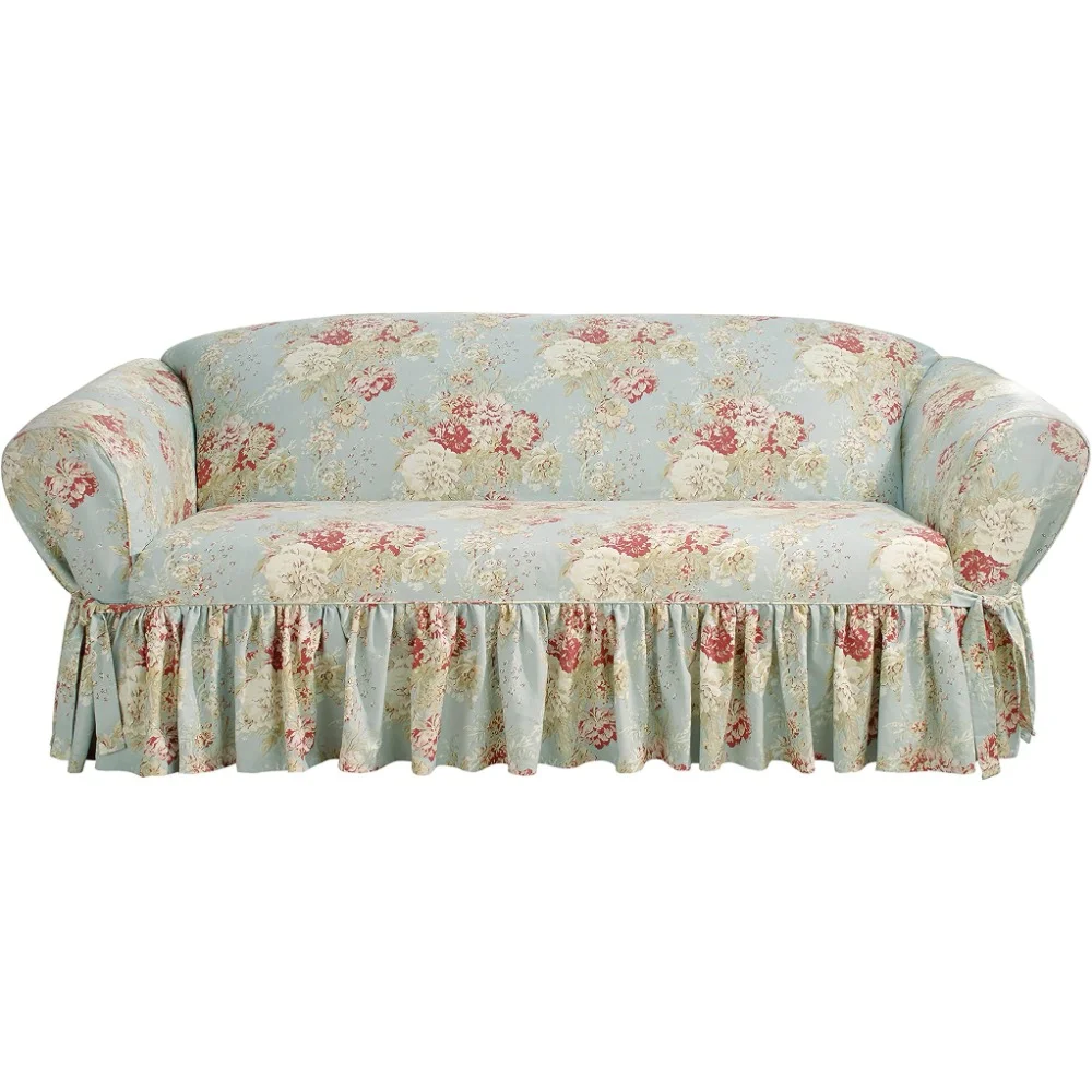 TwoLLL  Waverly Ballad Bouquet 1 Piece T Cushion Sofa Slipcover in Robin‘s Egg Freight Free Adjustable Elastic Sofa Covers Cover Home