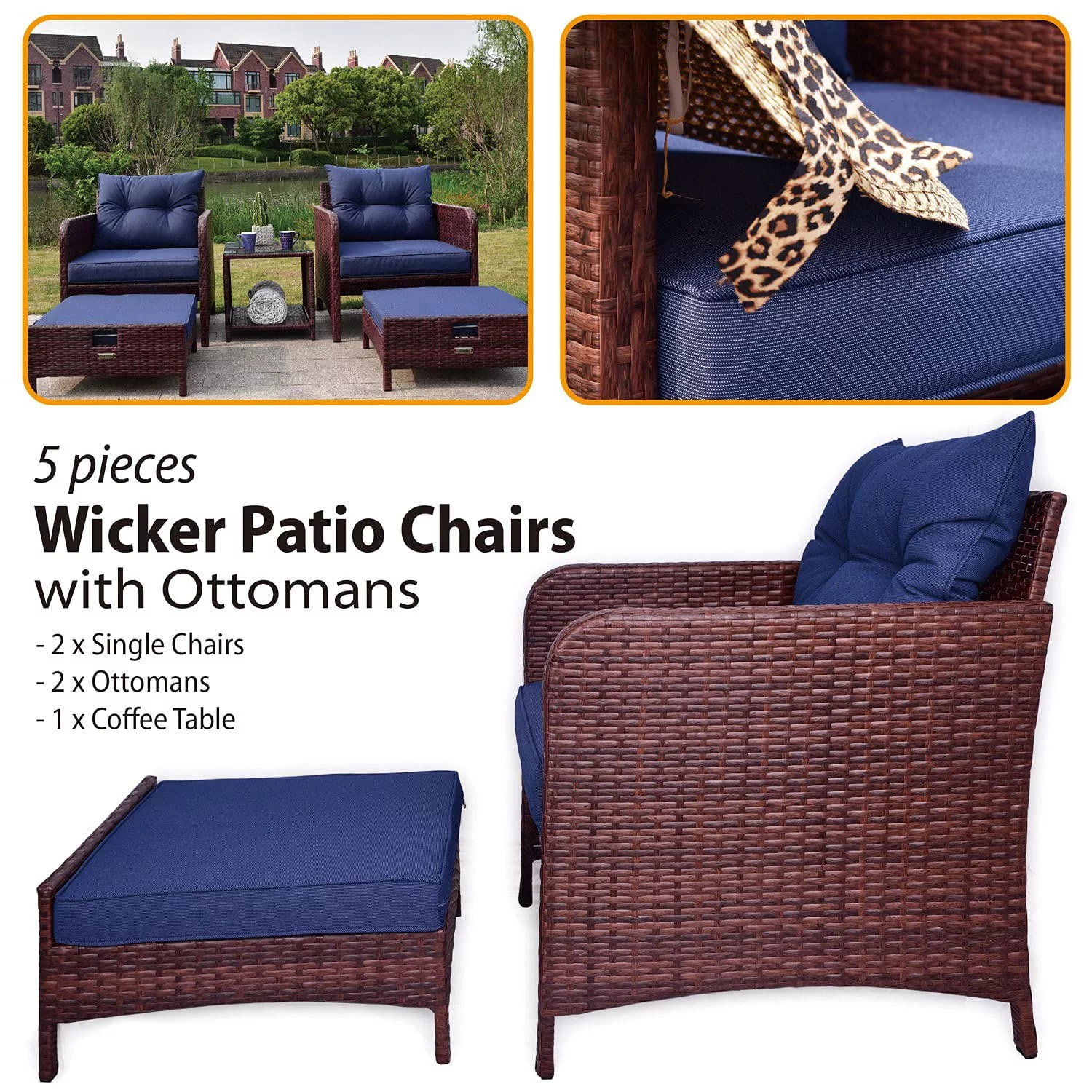 Superjoe 5 Pcs Wicker Patio Furniture Set All Weather Patio Conversation Set with Chairs and Coffee Table, Caret and Blue