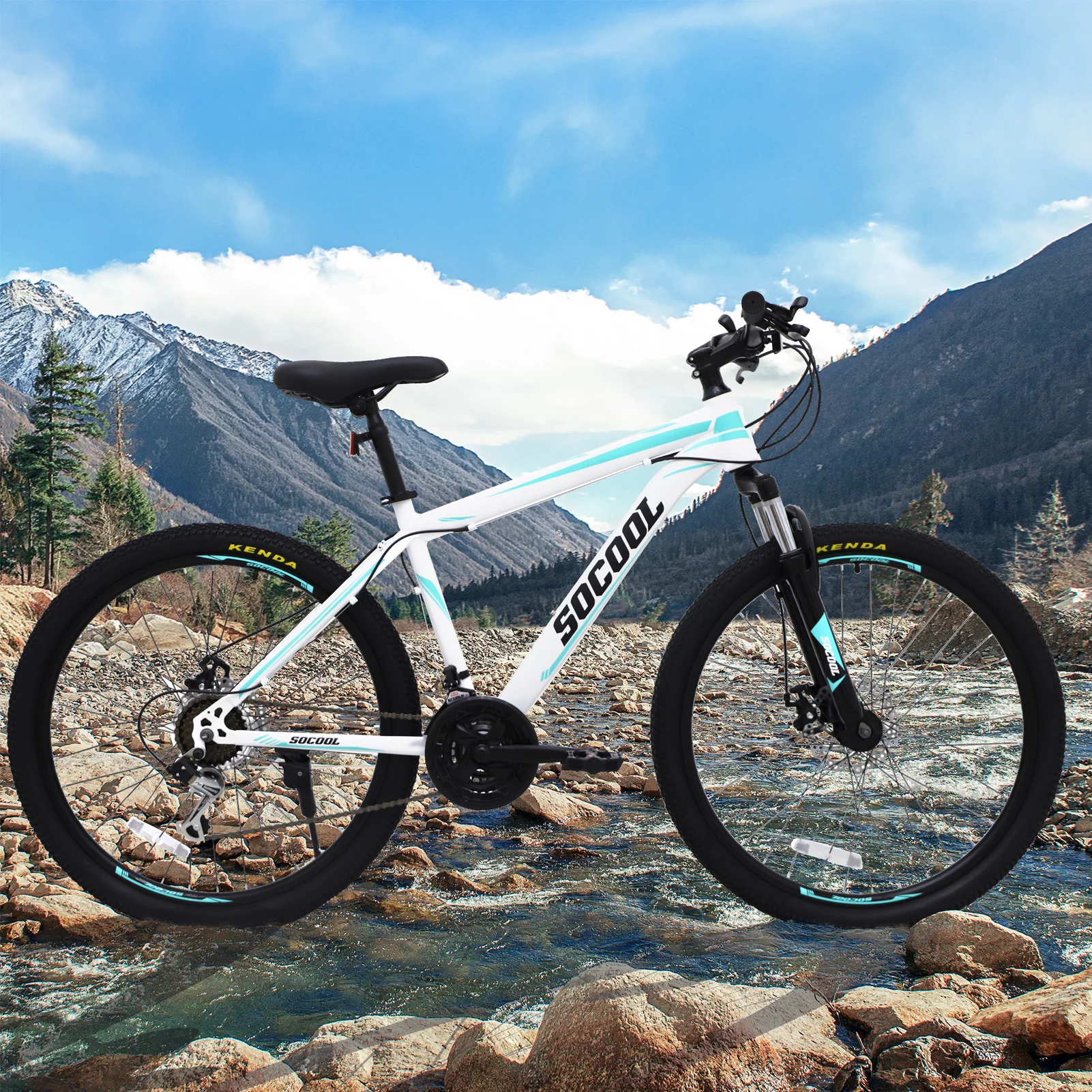 SOCOOL Youth/Adult Mountain Bike, Aluminum and Steel Frame, 26-Inch Wheels, MTB Bicycle, Shimano 21 Speeds -White & Black & Blue, OL002BK