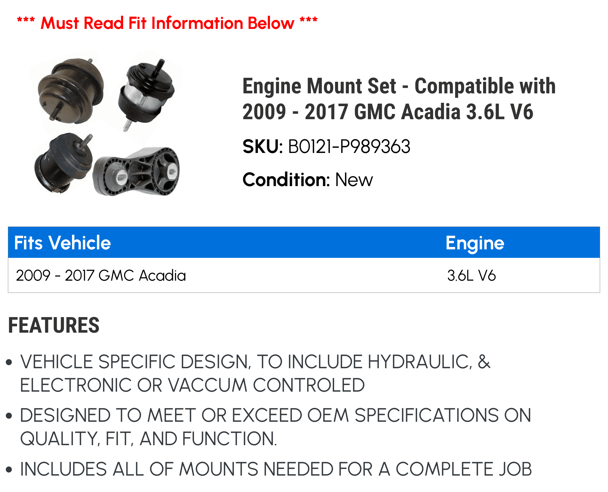 Engine Mount Set - Compatible with 2009 - 2017 GMC Acadia 3.6L V6 2010 2011 2012 2013 2014 2015 2016