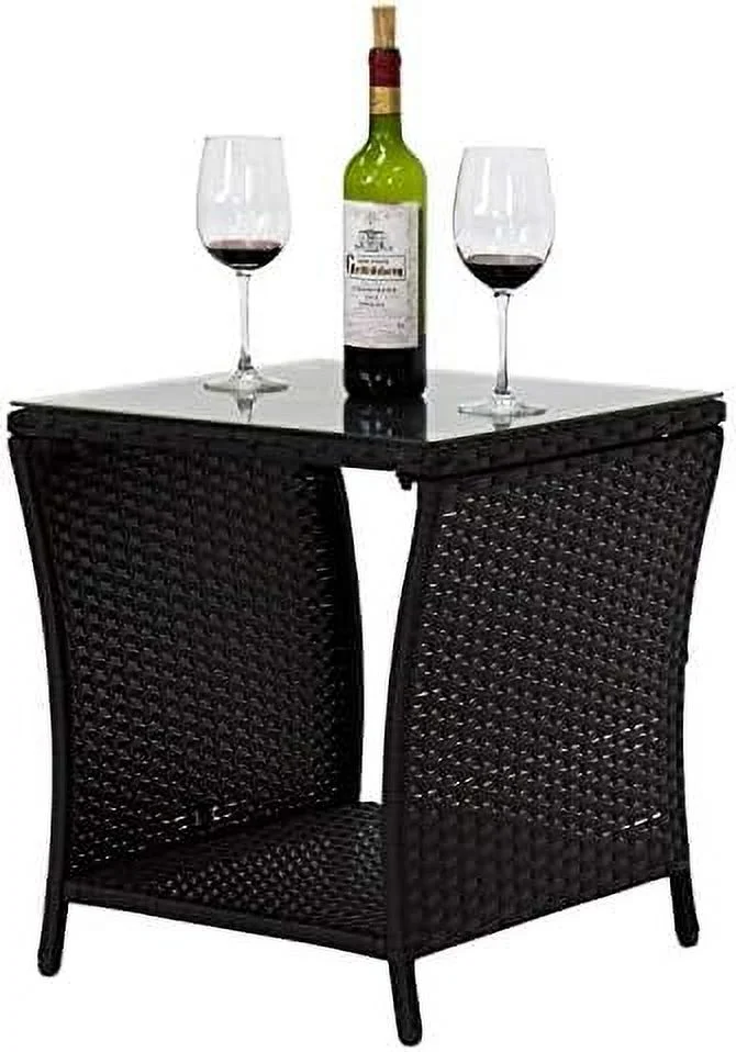 TJCGDTY Black Outdoor Square Wicker Rattan Side Tea Table w/Glass Top Patio  with  (Black-1)