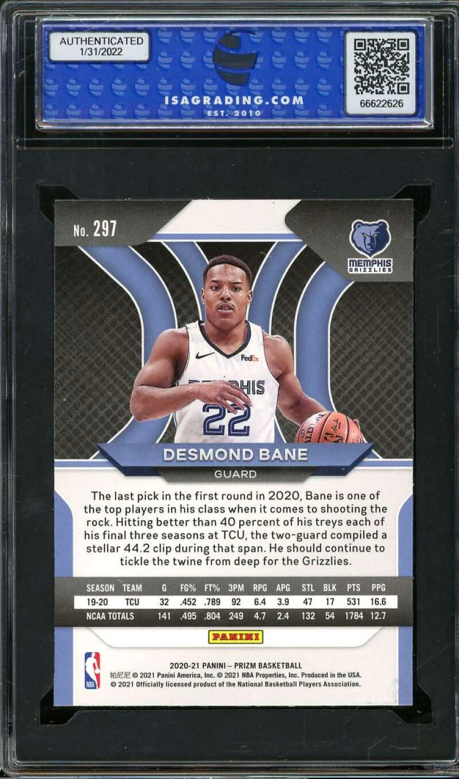 Desmond Bane Rookie Card 2020-21 Panini Prizm #297 ISA 8.5 NM-MT+