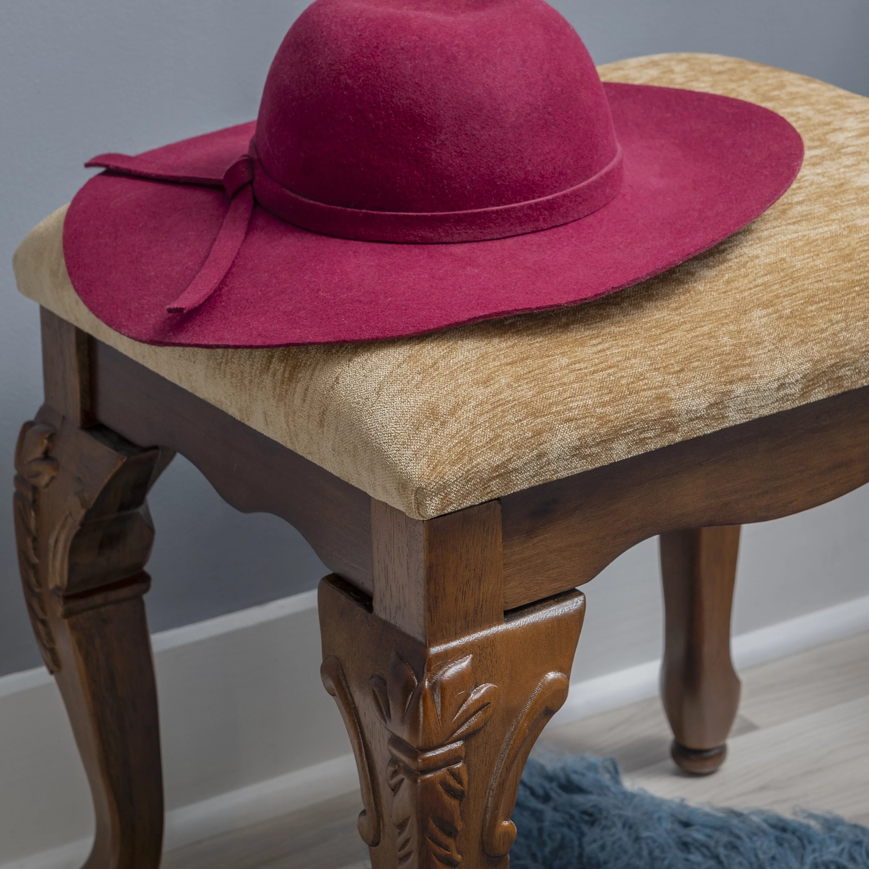 Nelson Upholstered Vanity Bench, Lightly Distressed Deep Cherry Base with Beige Chenille Fabric