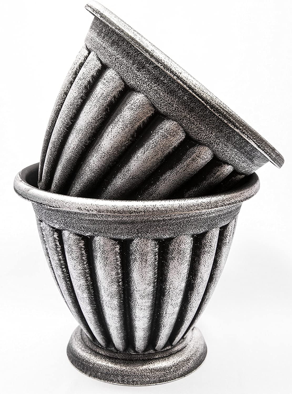 Set Of 2 Large Combination Rustic Look Heavy Duty Plastic Planter 14X11 Inches With Base, Flowerpot Nursery For Garden Patio Office Ornaments Home Decor Long Lasting Reusable Light Weight (Silver-C)