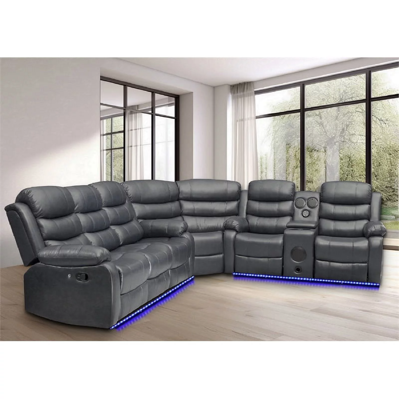 Bowery Hill Modern LED Faux Leather Reclining Sectional in Gray