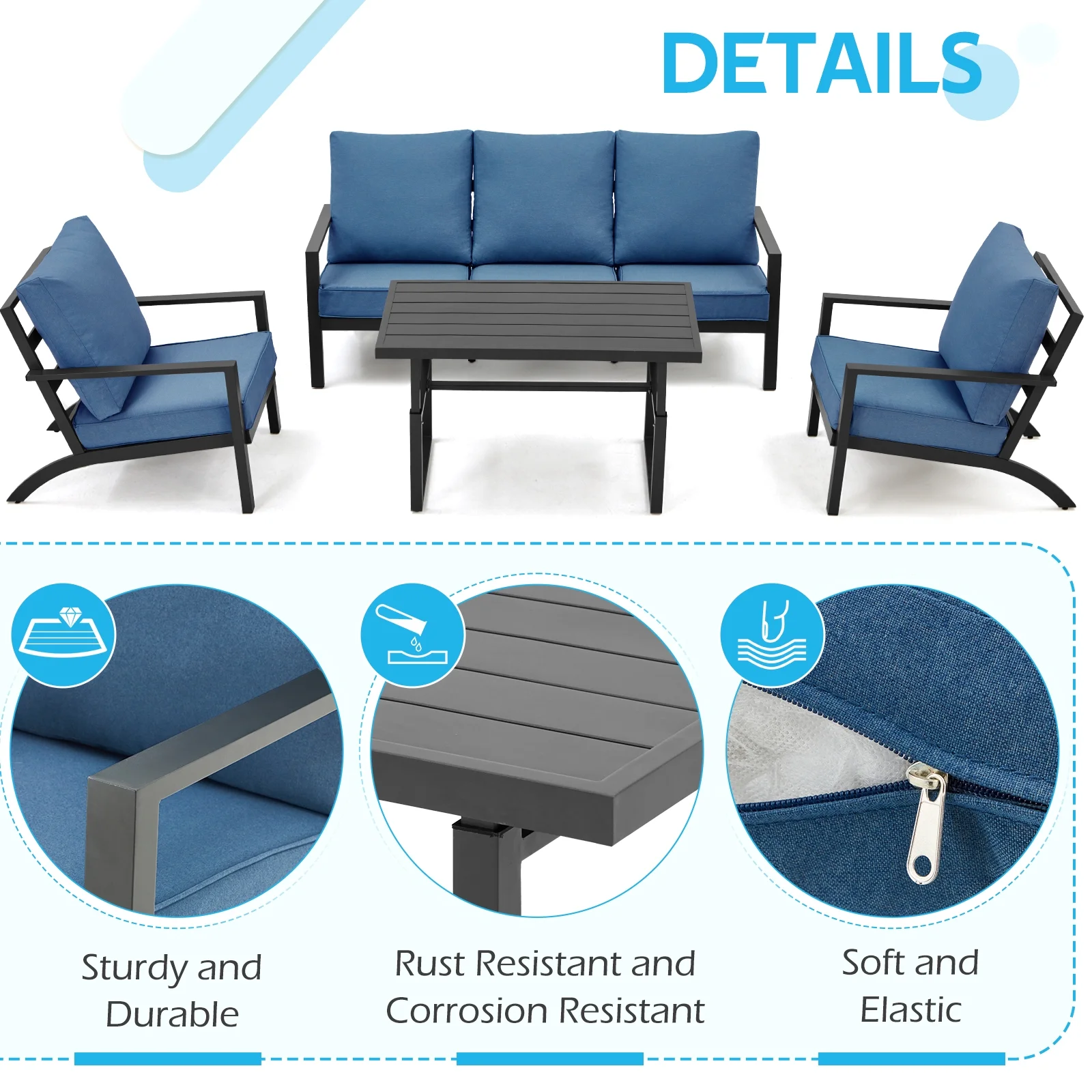 Danrelax 4 Pieces Aluminum Patio Furniture Set,Patio Conversation Set, Blue