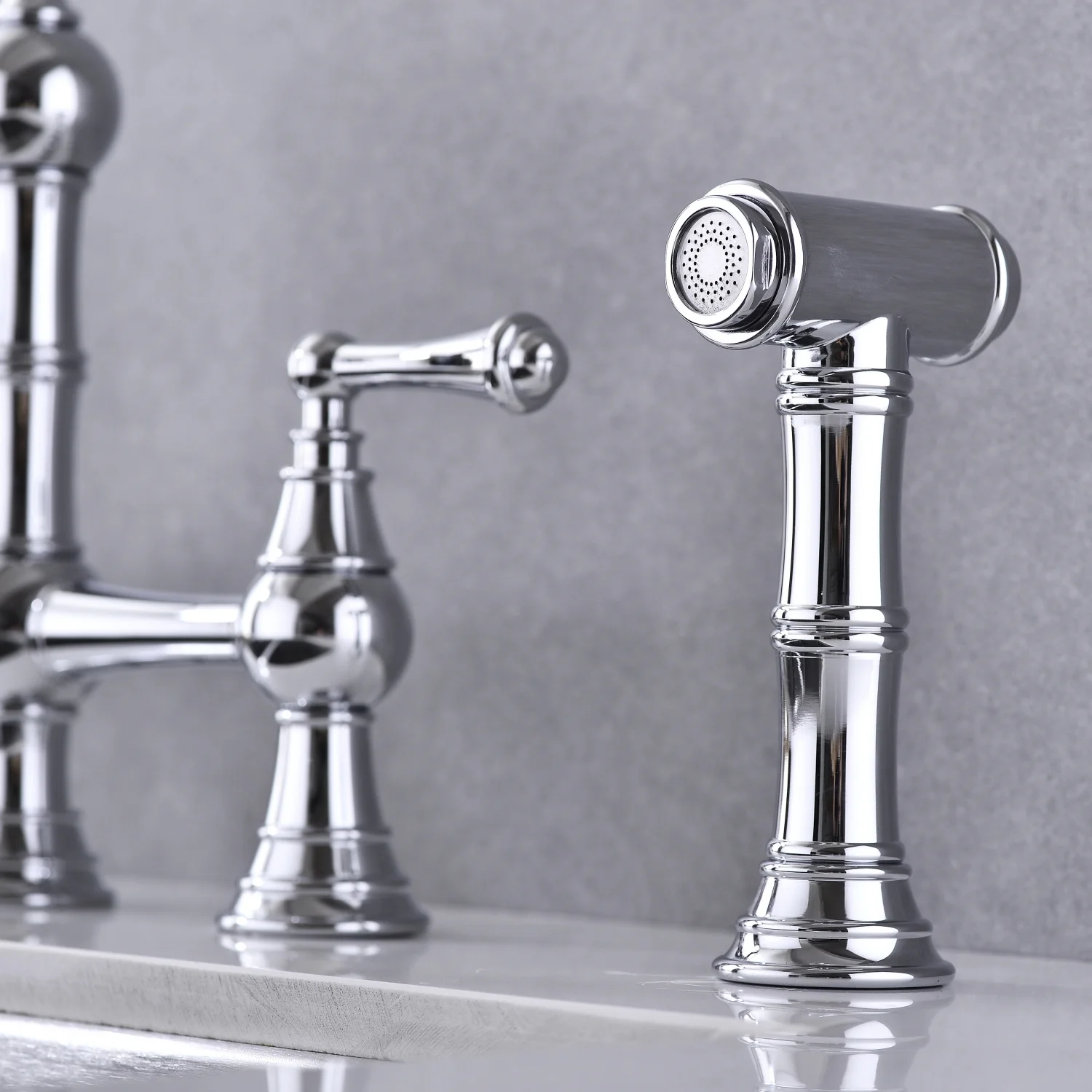 DremFaryoyo Bridge Dual Handles Kitchen Faucet With Pull-Out Side Spray in