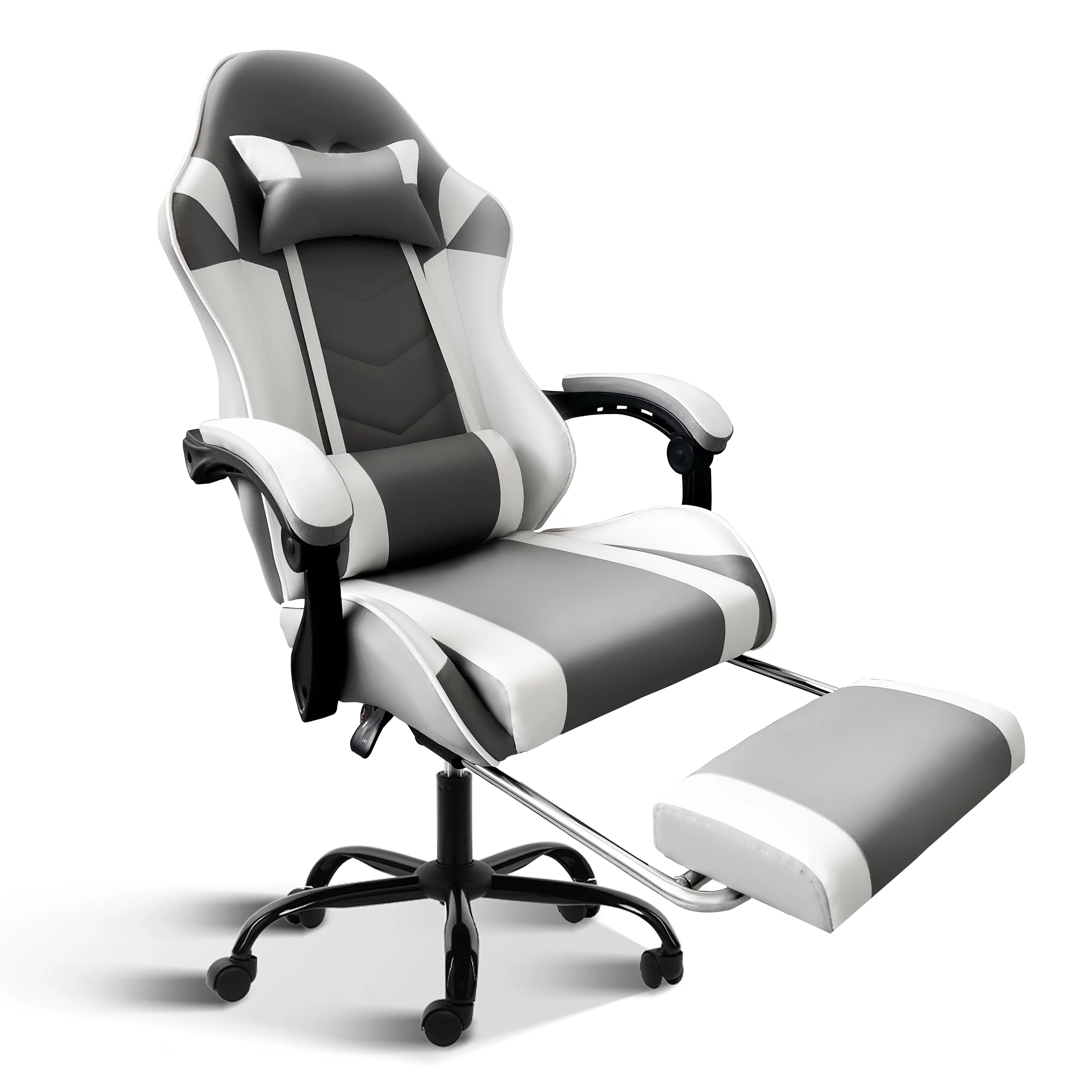 CoSoTower Racing Video Backrest and Seat Height Recliner Gaming Office High Back Computer Ergonomic Adjustable Swivel Chair, with Footrest, Grey/White
