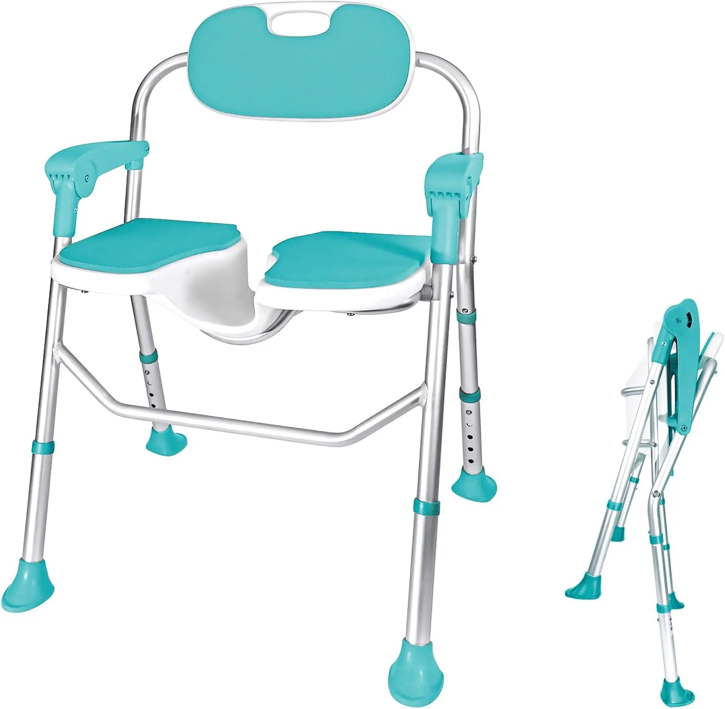 Shower Chair for Elderly and Disabled, Shower Chairs with Arms and Back and Four Suction Cups, Foldable and 5-Level Adjustable Shower Chair, High Density Aluminum Product, Holds to 350 lbs.