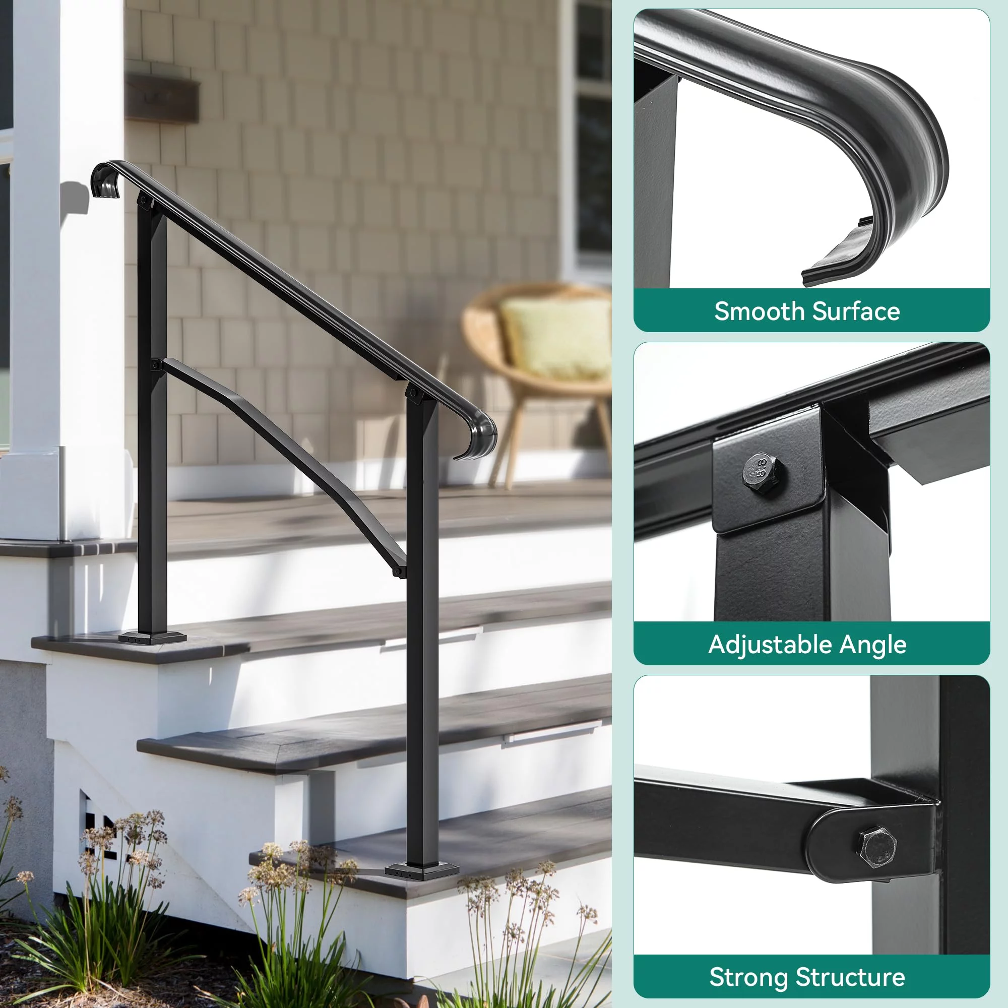 Dextrus Handrails for Outdoor Steps, 2-3 Step Stair Railing Outdoor 39.4