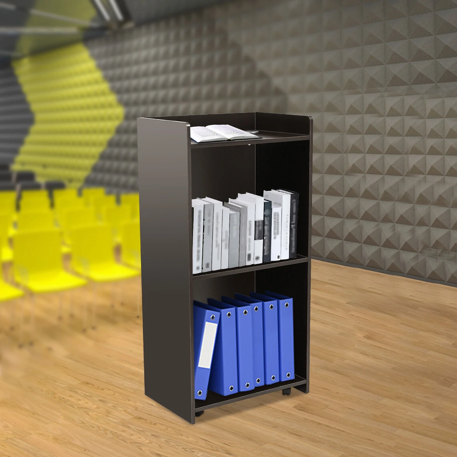 Podium Wood Lecterns, Floor Mount Rolling Standing Wood Lecterns with 4 Rolling Wheels & Storage Shelf Black Podium Stand for Conference, Auditorium, Classroom, Black,Veneer Process Finish