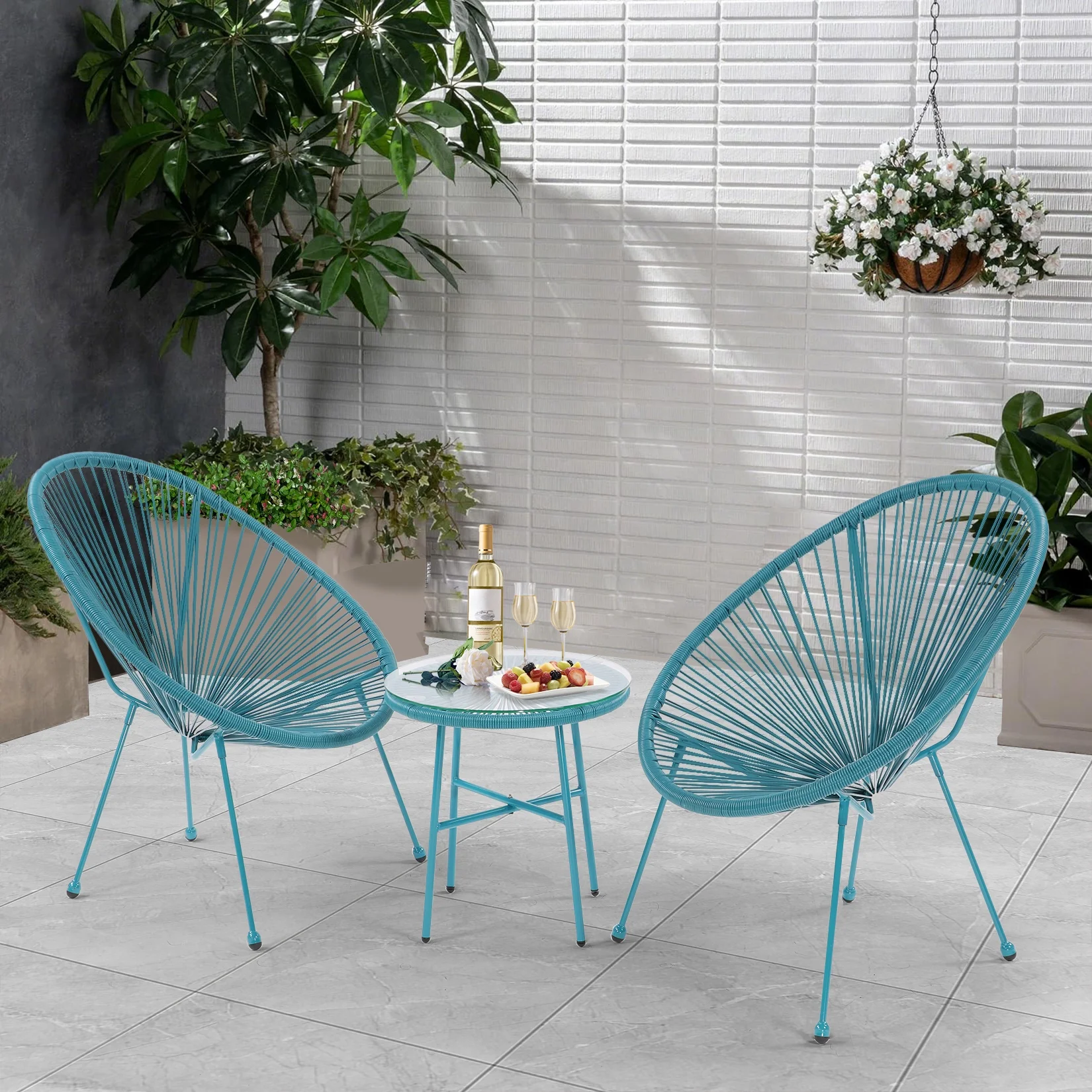 3 Piece Patio Bistro Conversation Set with Side Table, Acapulco All-Weather PE Rattan Chair Set,Flexible RoPE Furniture Outdoor with Coffee Table,For Garden,Backyard,Balcony Or Poolside(Blue)