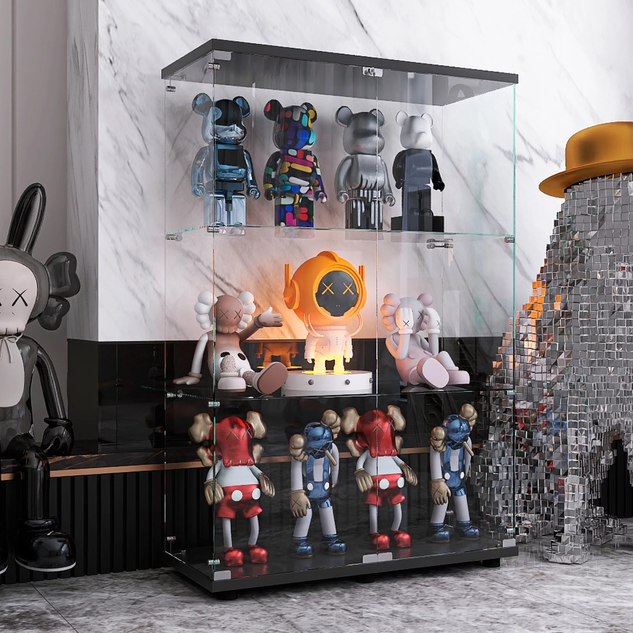 Two-door 3 Shelves Glass Display Cabinet with Door, Floor Standing Curio Bookshelf for Living Room Bedroom Office, 49.49” x 31.77”x 14.37”, Black