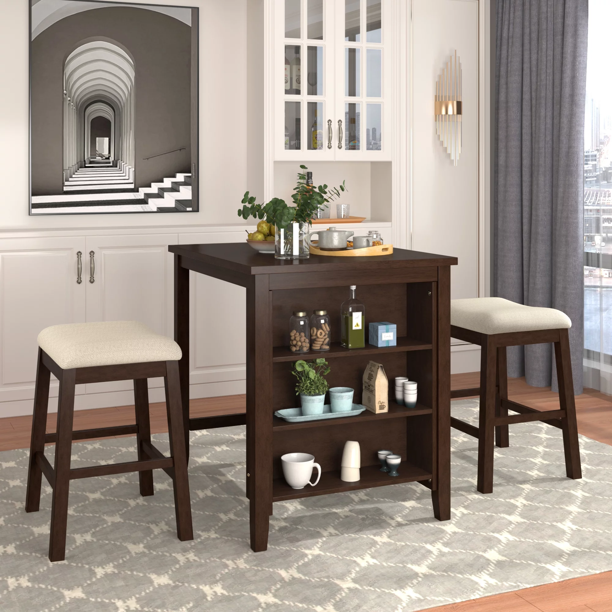 TOPMAX 3 Piece Dining Table with Padded Stools, Table Set with Storage Shelf,Brown