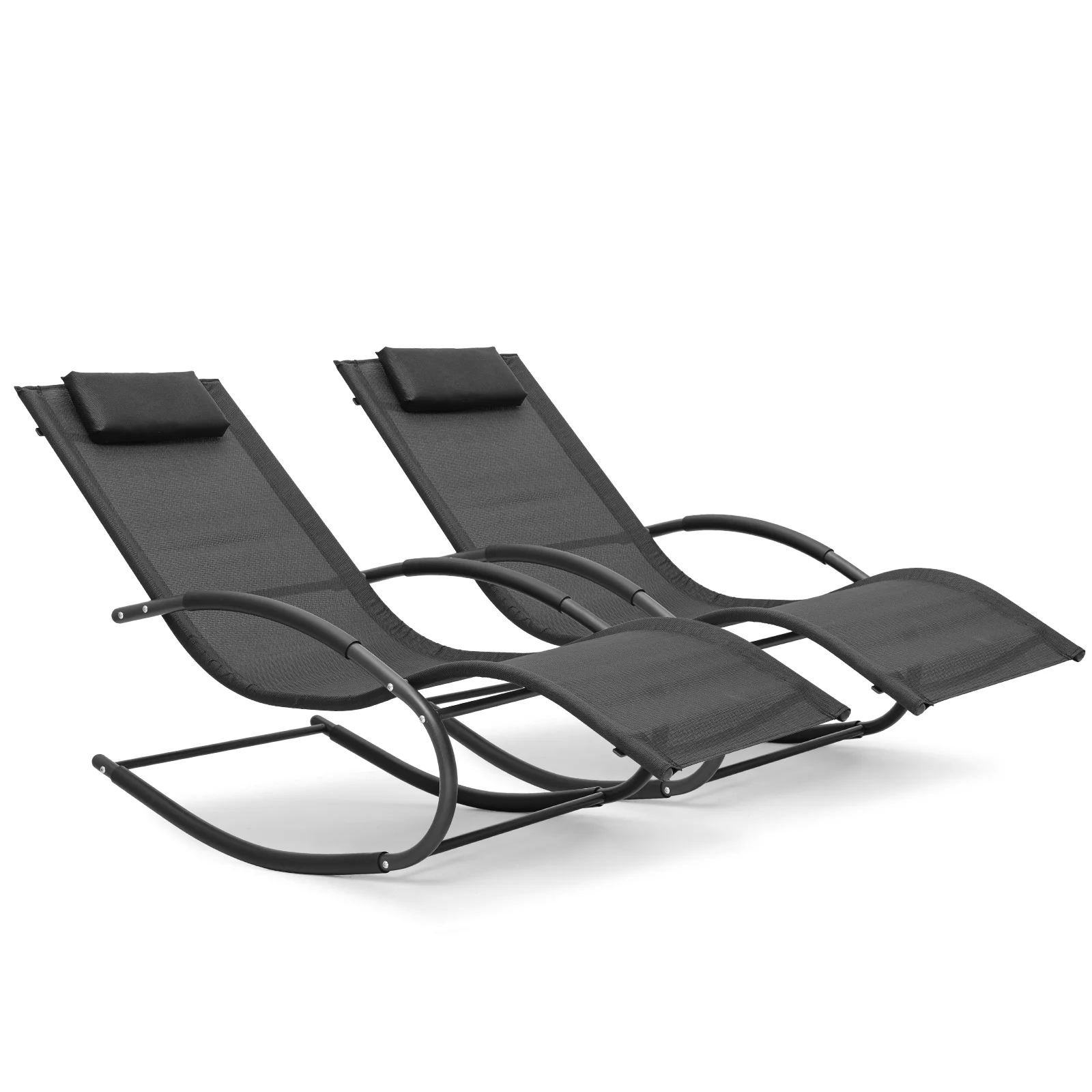 Magshion Set of 2 Outdoor Rocking Chair, Curved Rocker Chaise Lounge Chair with Removable Pillow for Sun Tanning Beach Backyard Garden, Black