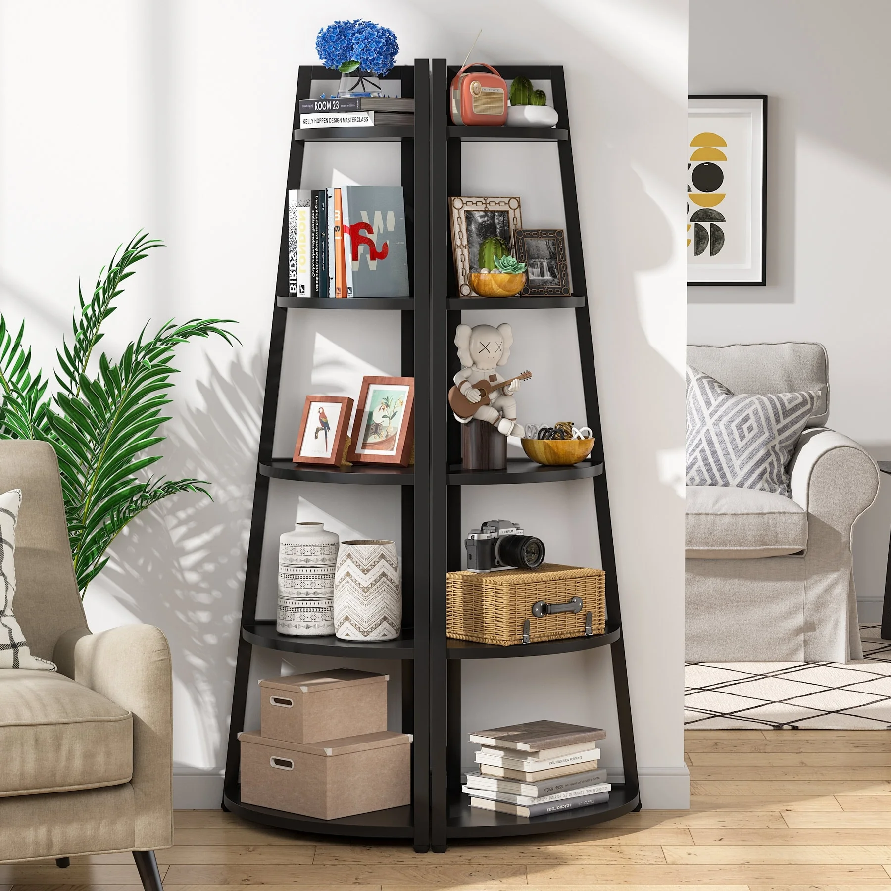 Brown/ Black Corner Ladder Shelf,5 Tier Corner Bookshelf Bookcase, White/ Gold 70 Inch Tall Display Rack for Small Space Black
