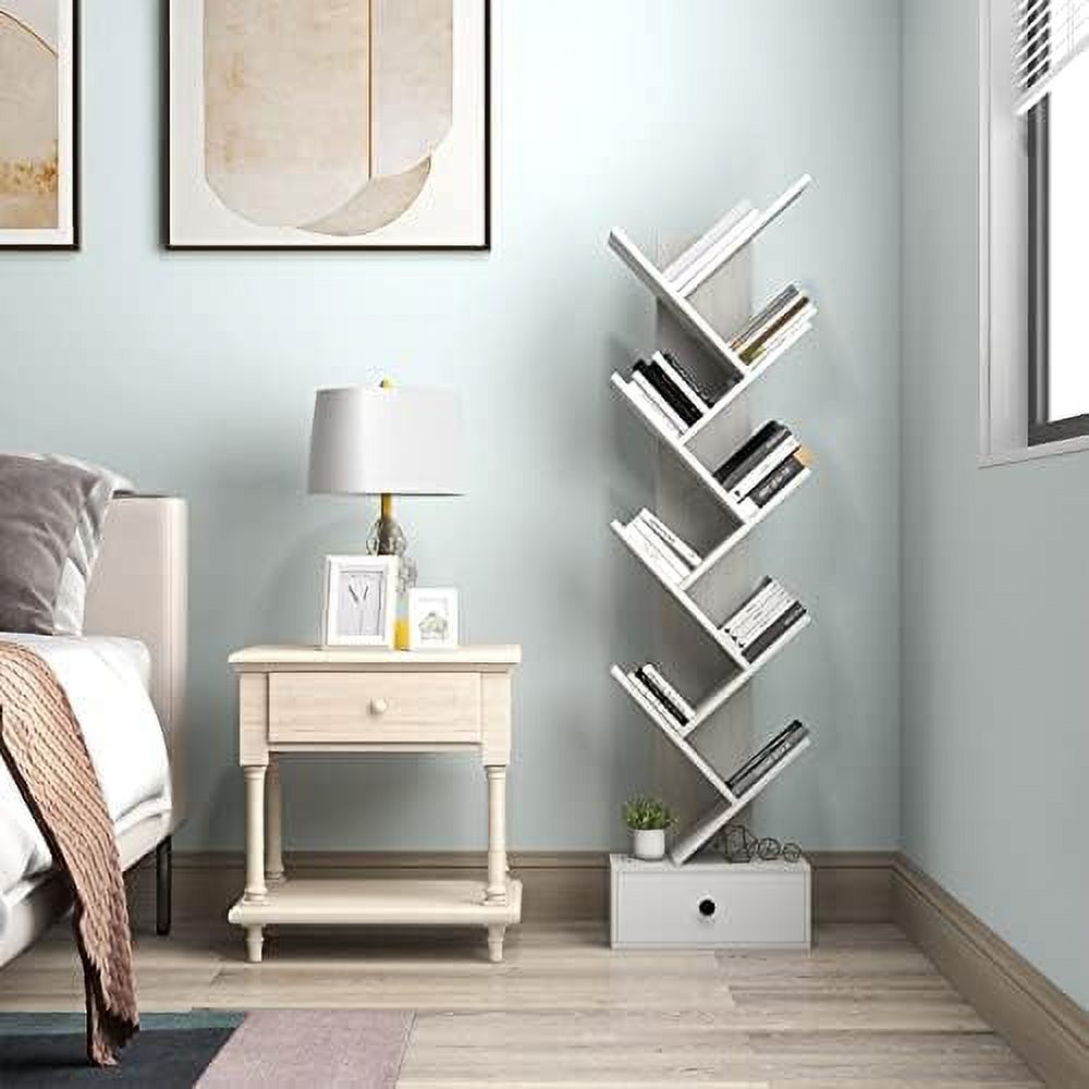 JDZHAPPYLIFE 5 Tier Tree Bookshelf with Drawer  Rustic 5  Space Saving Corner Bookcase  Retro Wooden Book Shelves for Books/CDs/Movies  Open Display  for Home Office (Brown  5 Tier)