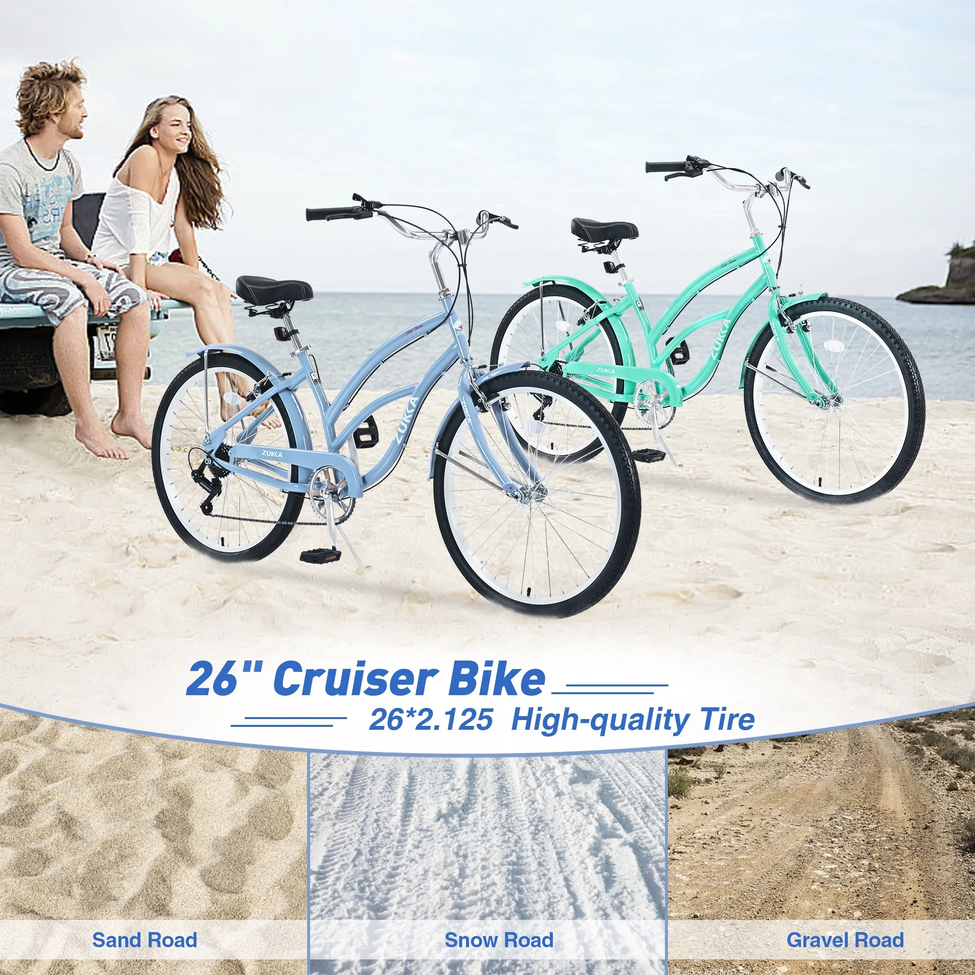Beach Cruiser Bike, Men and Women, 18-Inch Steel Frame, 26-Inch Wheels, 7-Speed Twist Shifters, Mint Green