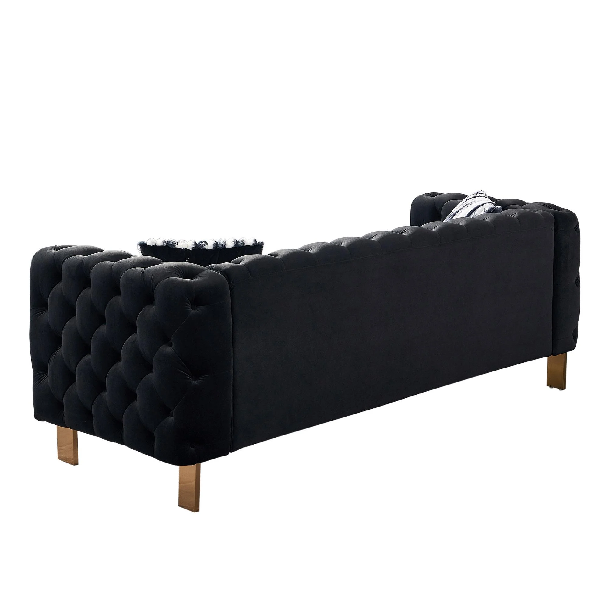 Gewnee Chesterfield Velvet Sofa,Button Tufted 3 Seater Sofa Couch with Metal Legs&Two Pillows,Black
