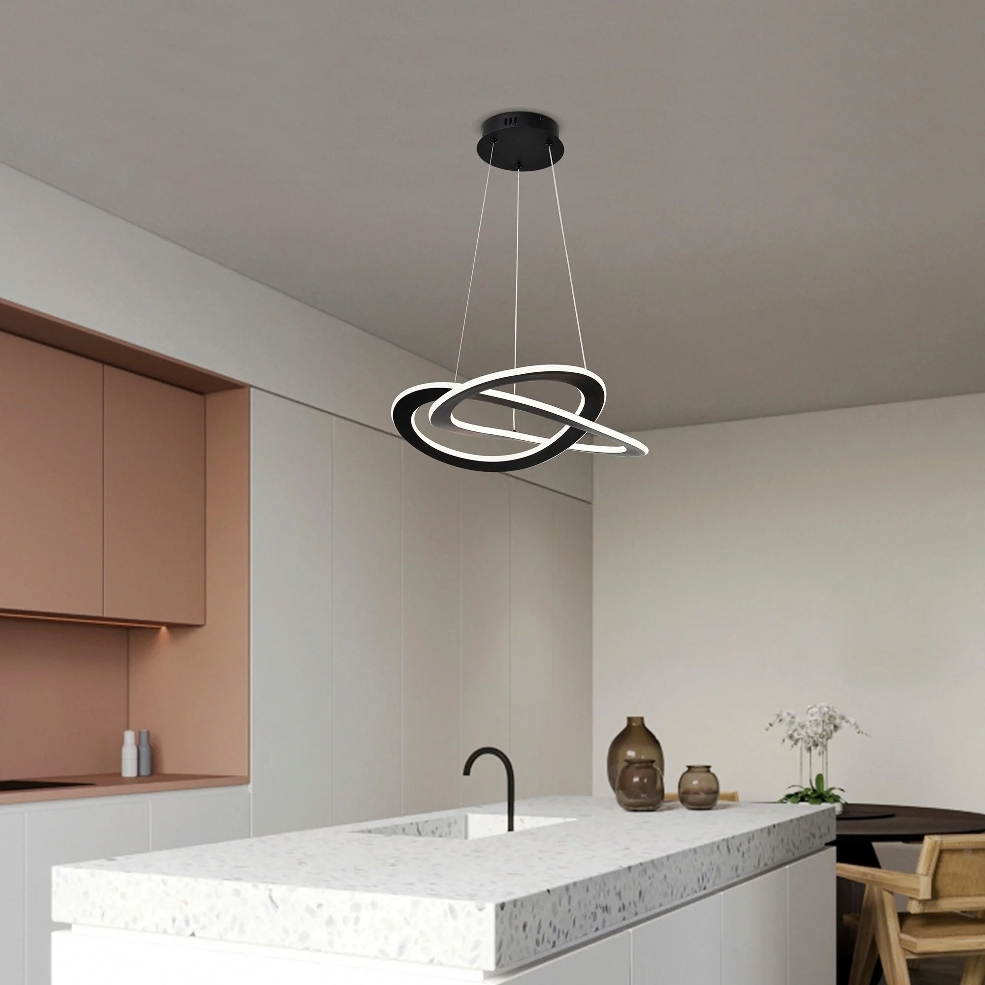 Edvivi Lighting Sand Black Finish 30-Watt Integrated LED Modern Curved Lines Chandelier