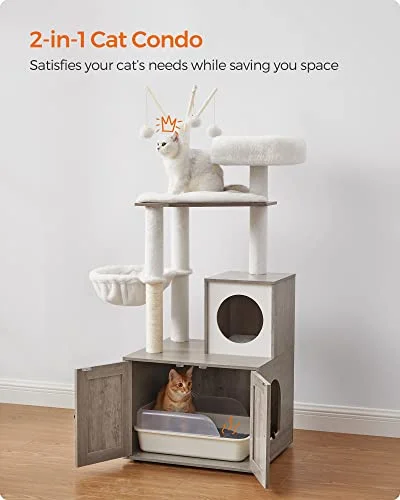 Feandrea WoodyWonders Cat Tree with Litter Box Furniture Hidden Enclosure, 2-in-1 Modern Tower, Cat Condo with Scratching Posts, Removable Pompom Sticks, Greige UPCT113G01