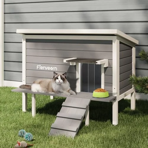 Outdoor Cat House,Insulated Feral Cat Shelter with Escape Door Waterproof,Large Cat Enclosure Wooden Cat Condos for Multiple Cats