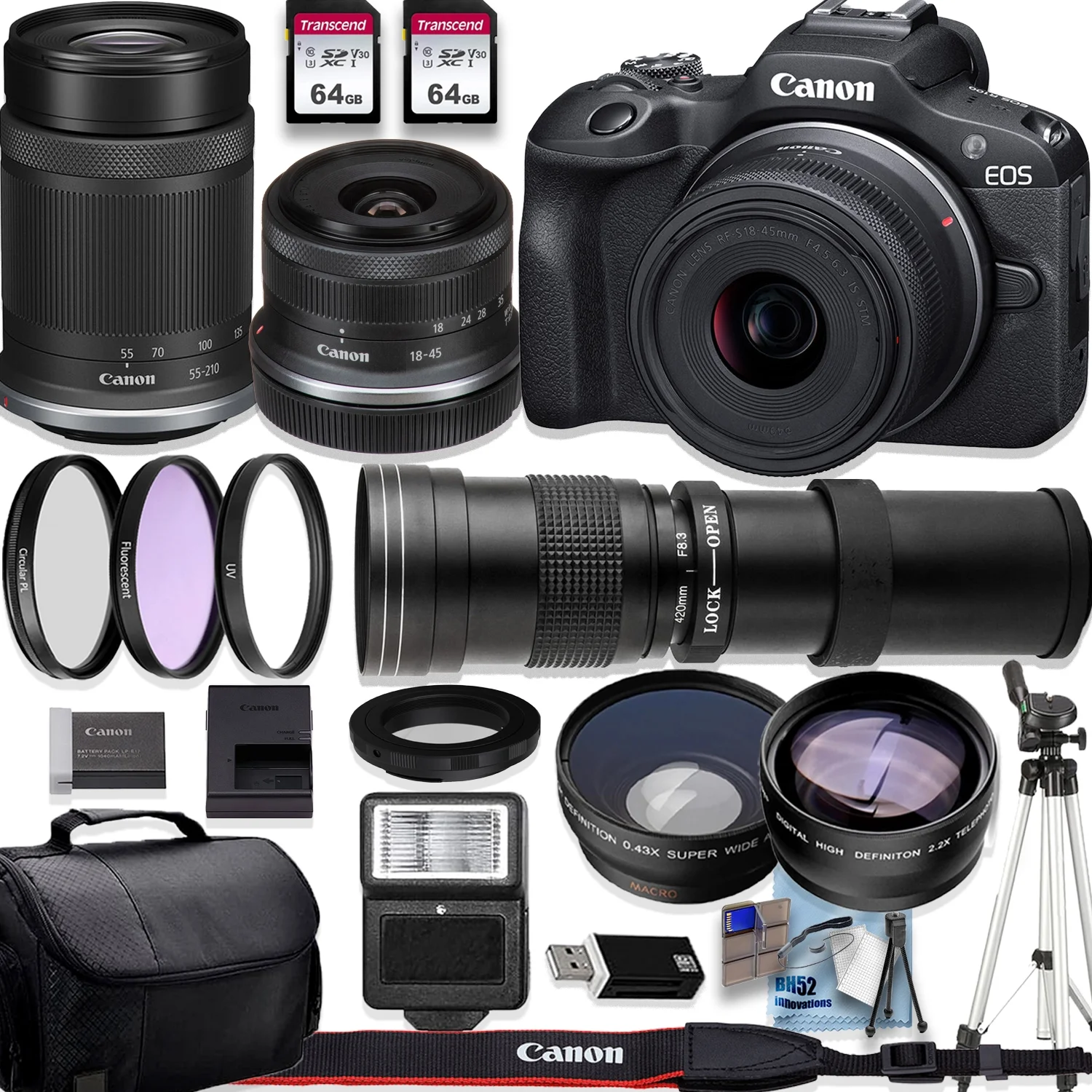 Canon EOS R100 4K Video Recording Mirrorless Camera with 18-45mm and Canon RF-S 55-210mm f/5-7.1 IS STM+420-800mm f/8.3 HD Telephoto Zoom Lenses + 2 X 64GB Fast Memory + Deluxe Accessory Bundle