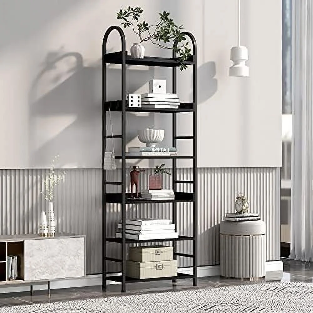 TJUNBOLIFE Ladder Bookcase 5-Tier Bookshelf Vintage Wall Mounted Leaning  with 2 Drawers  Wooden  Rack with Steel Frame for Living Room  Bedroom  Kitchen  Office (Black)
