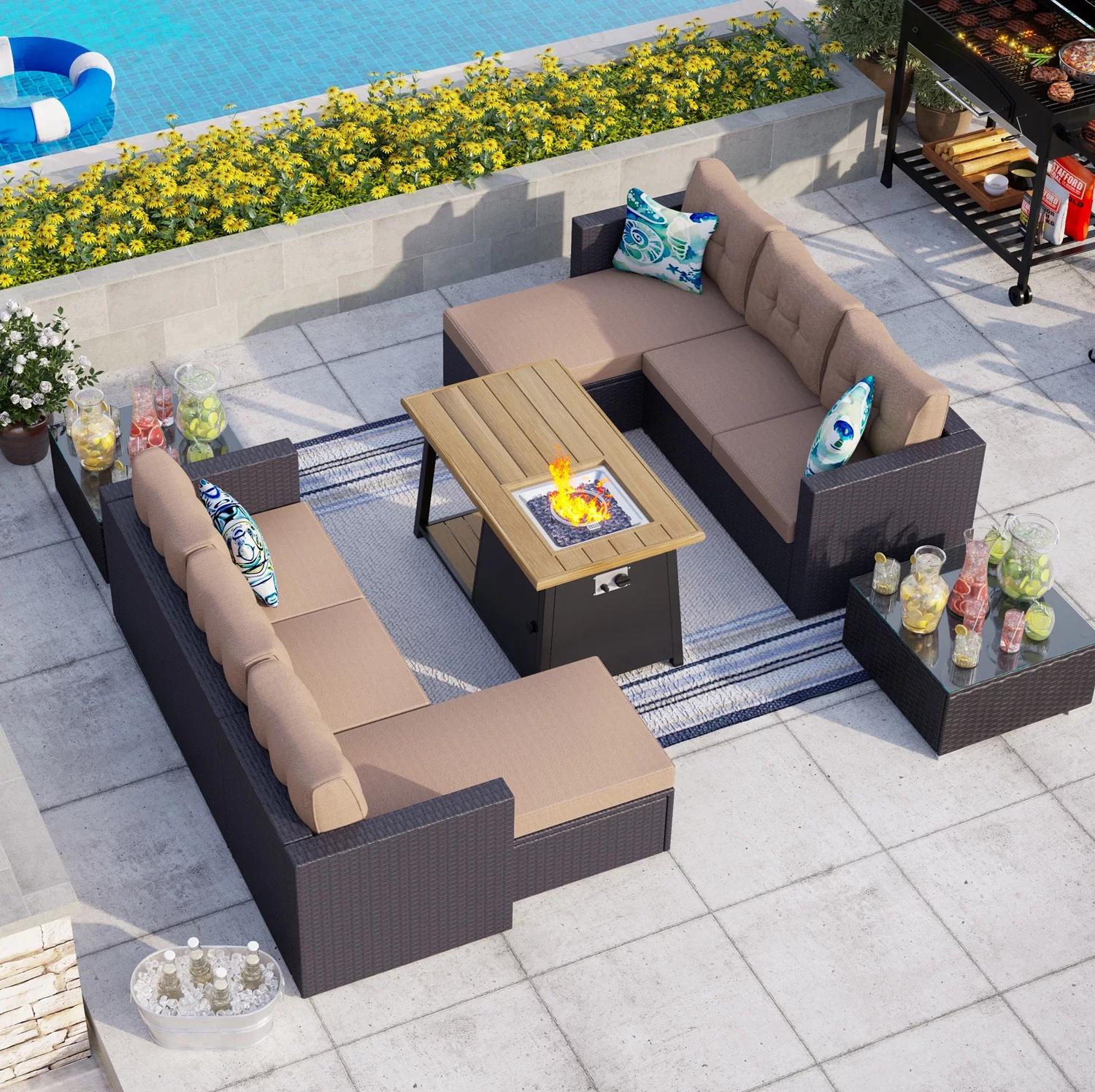 MF Studio 7 Pieces Outdoor Patio Furniture Set with 46-Inch 50,000 BTU Fire Pit Table Patio Conversation Set with Beige Cushions