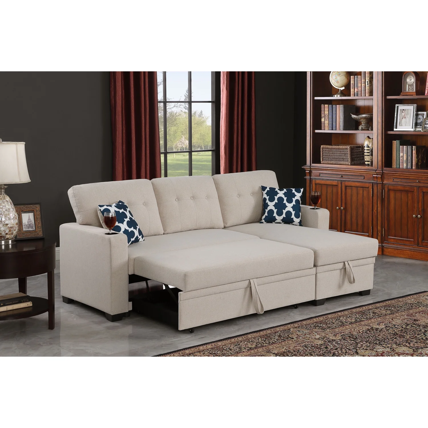 Devion Furniture Reversible Fabric Sleeper Sofa Bed & Chaise with Cup Holder-Beige