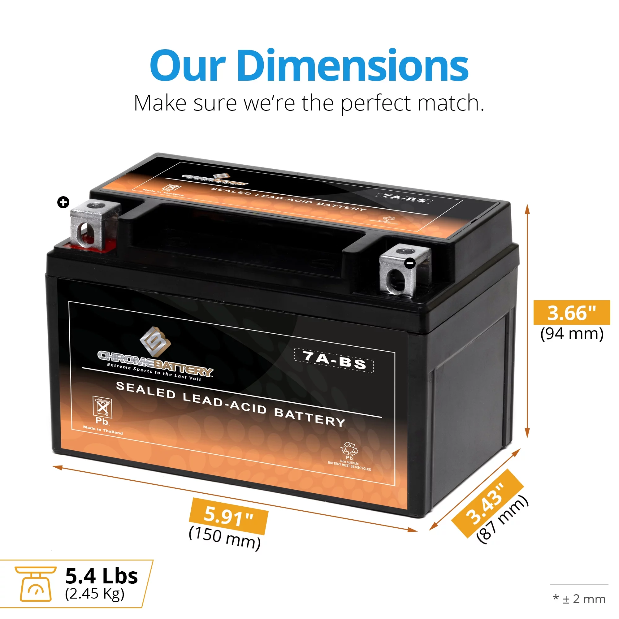 Chrome Battery YTX7A-BS (7A-BS 12 Volt,6 Ah, 100 CCA) Sealed AGM Atv Battery for Kasea Ks, Ku Models, Adventure Buggy 125cc Years (all Years)